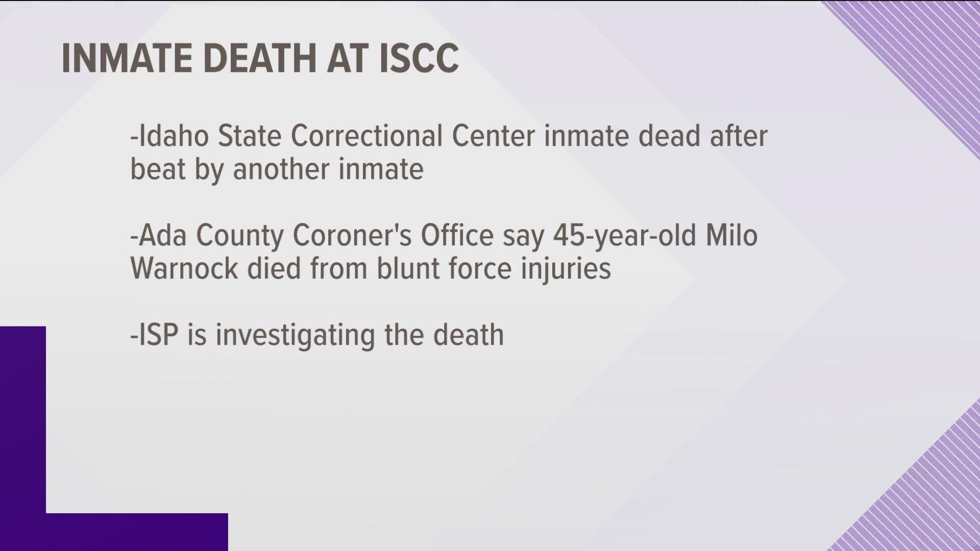 The incident took place Sunday. According to the coroner, 45-year-old Milo Warnock died from multiple blunt force injuries and the death was ruled a homicide.