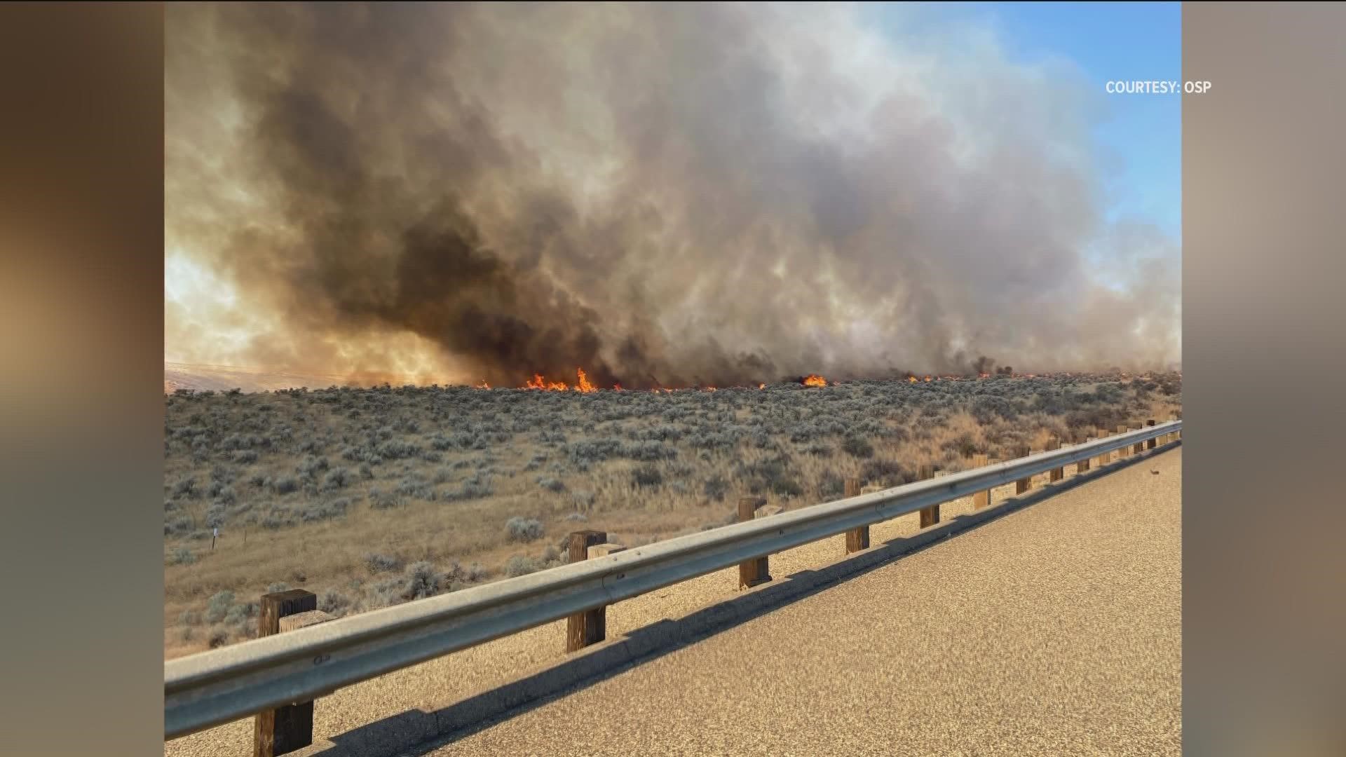 I-84 was temporarily closed from Pendleton and Ontario due to the 365 wildfire, but ODOT asks the public to drive with caution as crews continue to fight the fire.