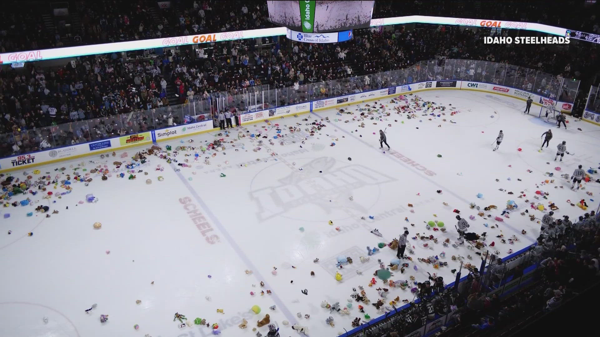 At the Idaho Steelheads game on Saturday, after the first Steelheads goal is scored the community throws stuffed animals on the ice for donation.