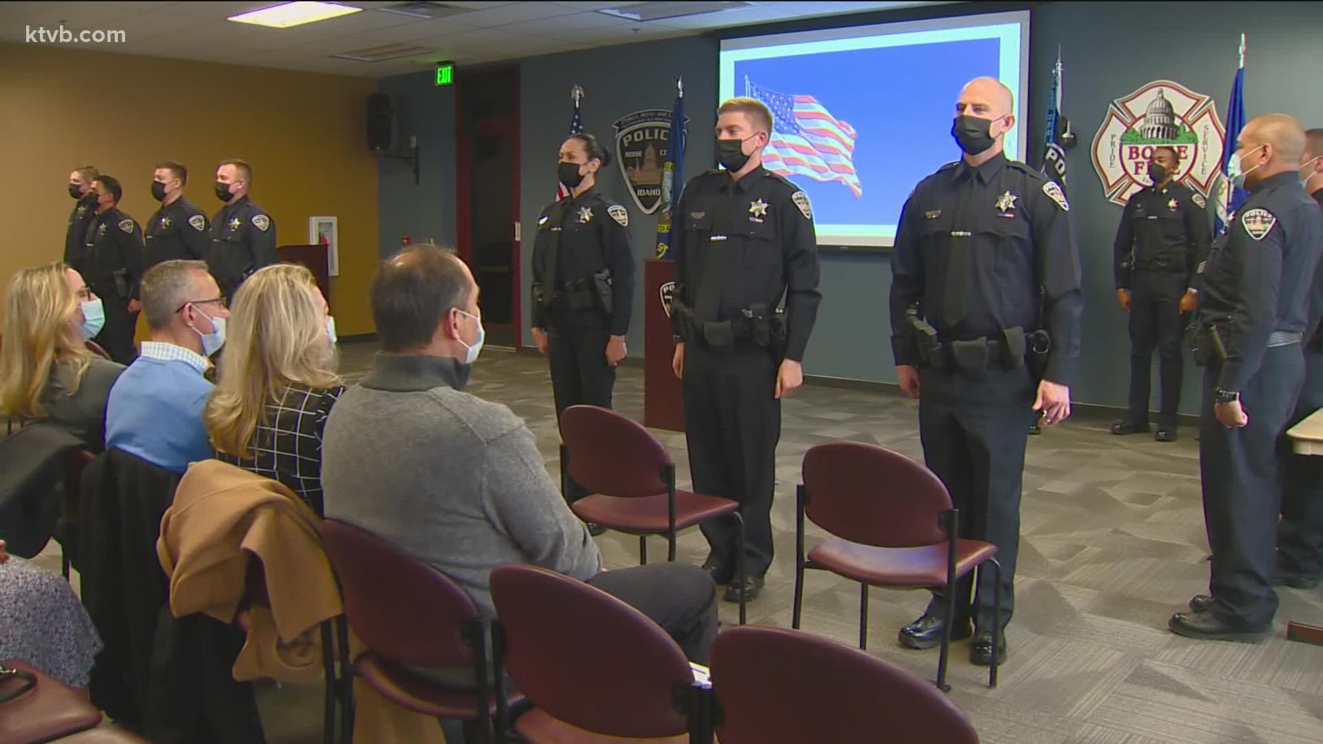 The seven officers were congratulated with a graduation ceremony and took the official oath of office, administered by City of Boise Mayor Lauren McLean.
