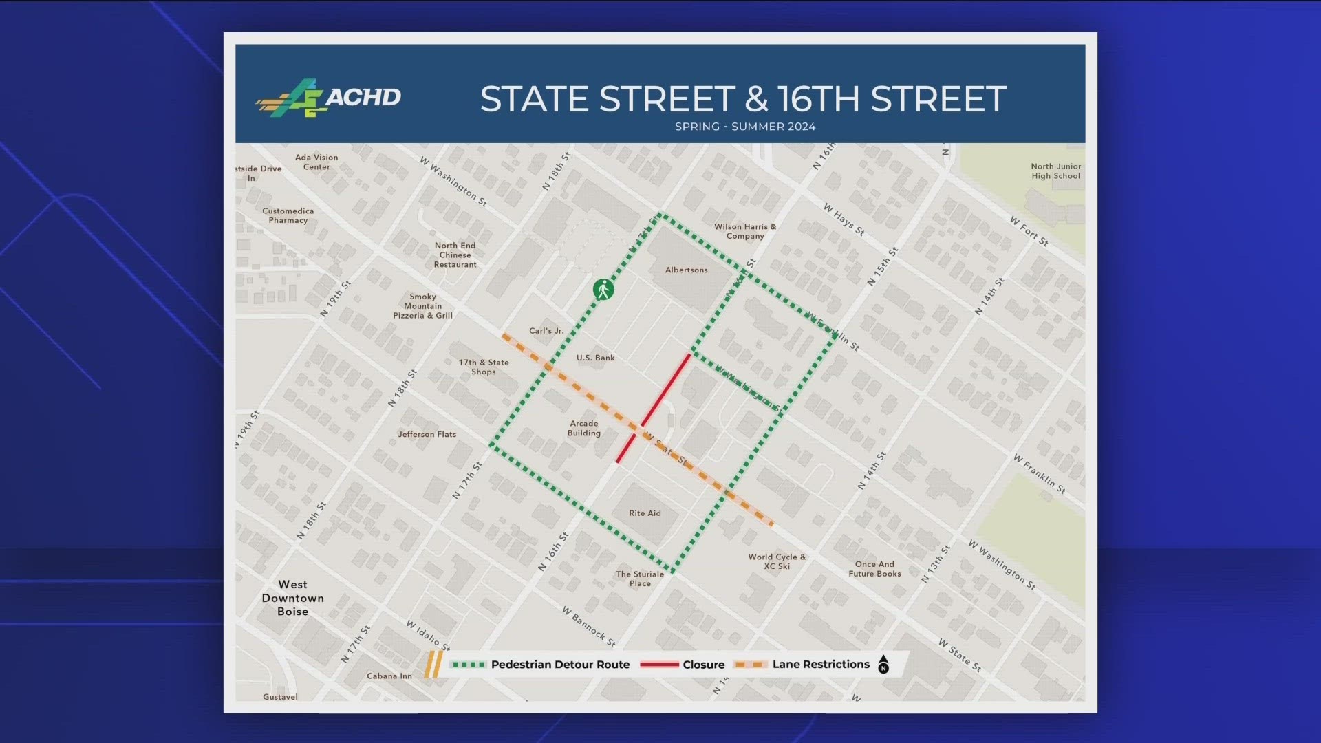 Boise drivers can expect closures on 16th Street between Washington and Jefferson Streets. In Meridian, a section of Locust Grove will be closed.