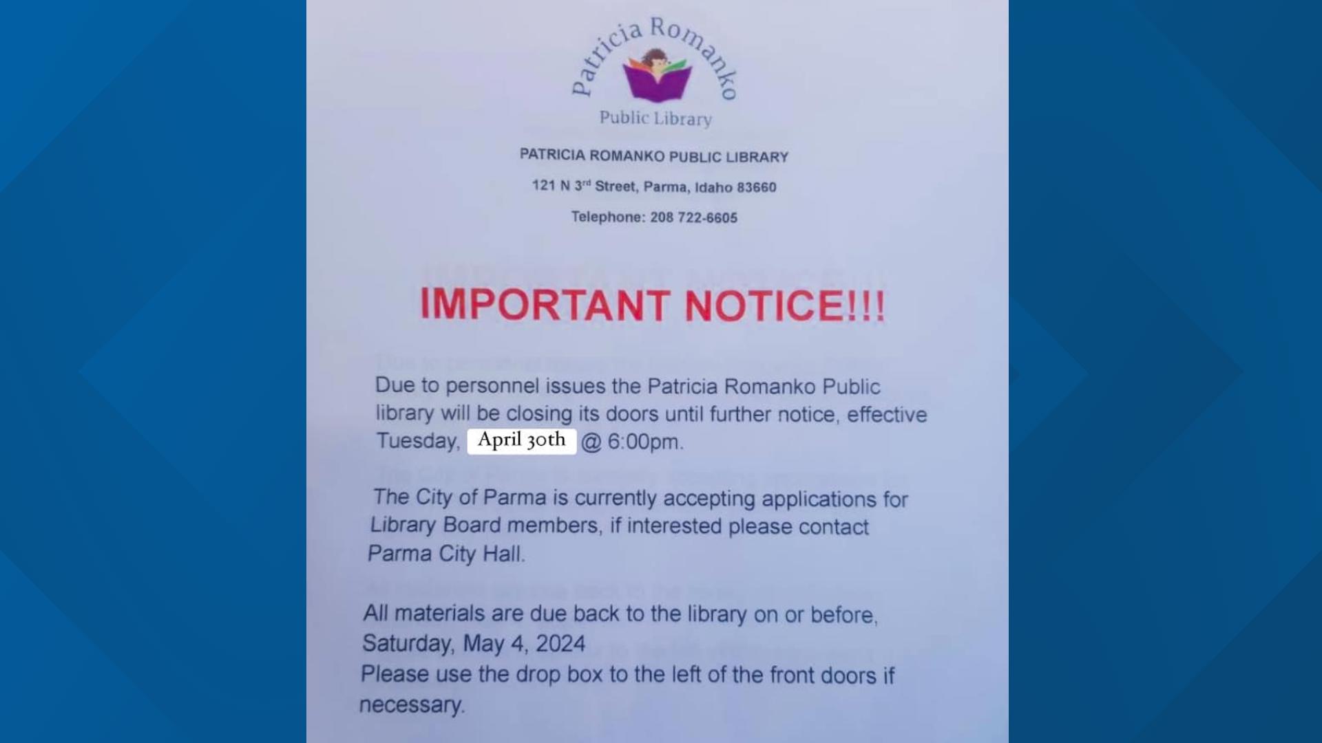 Library Closes At Parma library closes, seeks new library board | ktvb.com