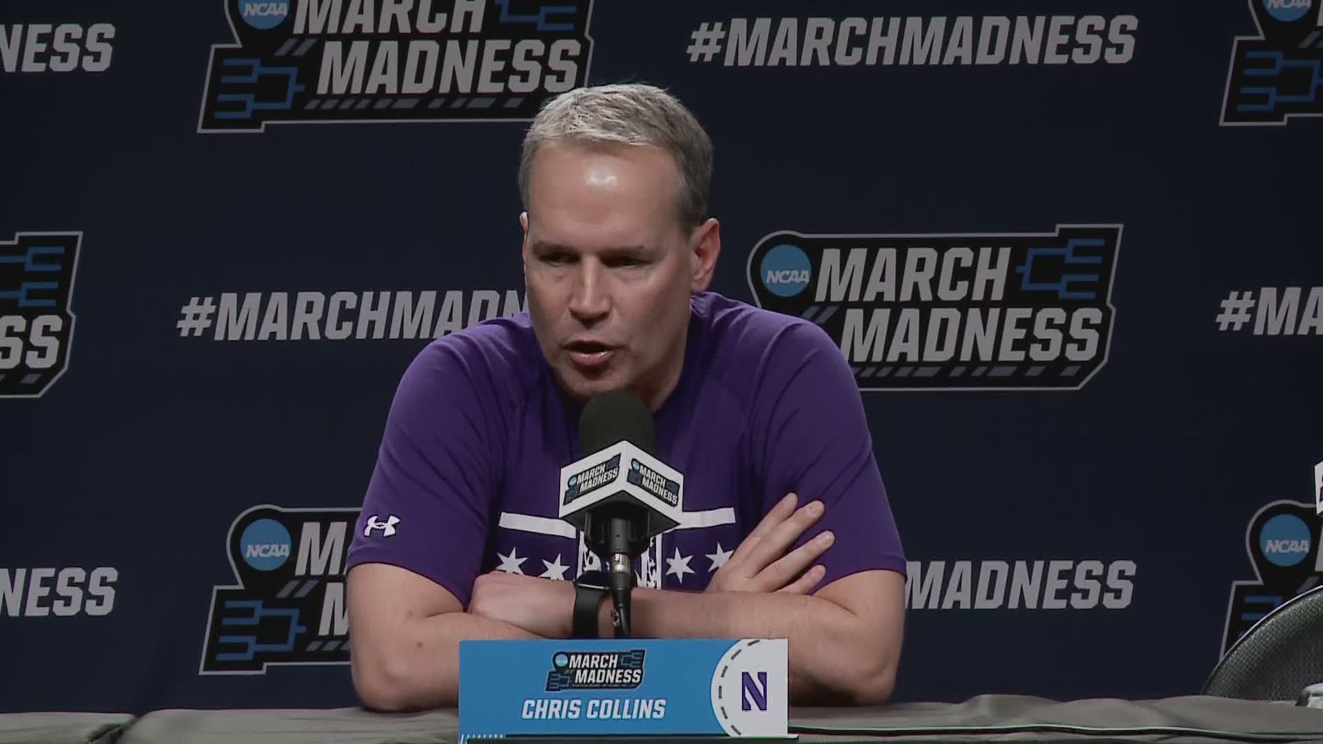 Northwestern head coach Chris Collins and Wildcat players take the podium in Sacramento ahead of Thursday's NCAA Tournament matchup with Boise State.