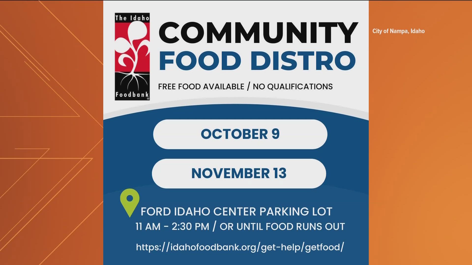 On Oct. 9 and Nov. 13, the Idaho Foodbank will be at the Ford Idaho Center, providing food to those in need.