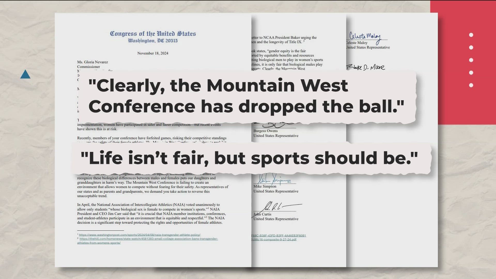 13 senators and representatives sign letter to the Mountain West Conference from states whose schools forfeited against San Jose State.