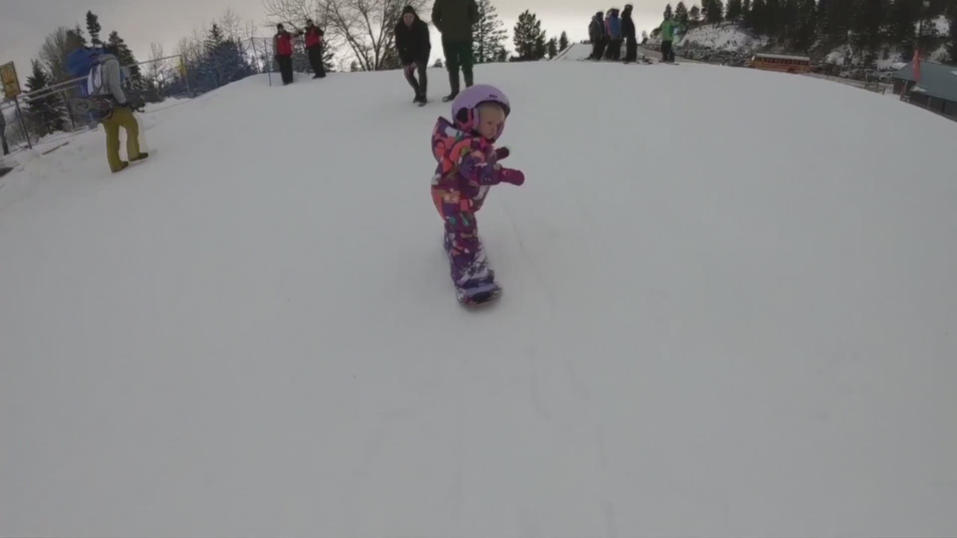 Cash Rowley became an internet sensation after her father posted video of her snowboarding at Bogus Basin for her first birthday. The little girl was back at Bogus for her second birthday on Sunday, December 9, 2018. Video courtesy Nick Rowley.