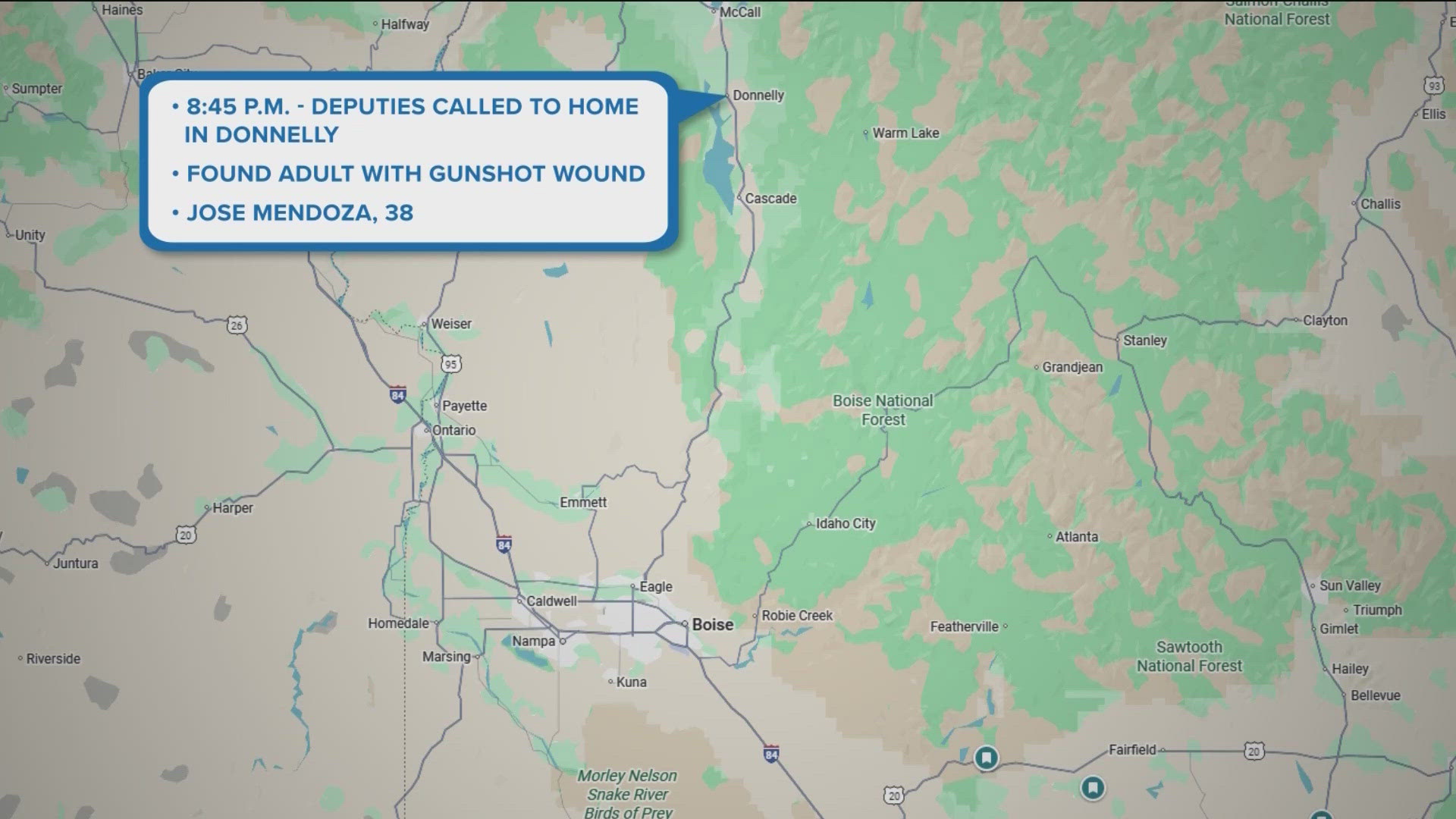 Jose Mendoza, 38, was arrested Tuesday night in Eagle after allegedly shooting someone in Donnelly, according to the Valley County Sheriff's Office. 