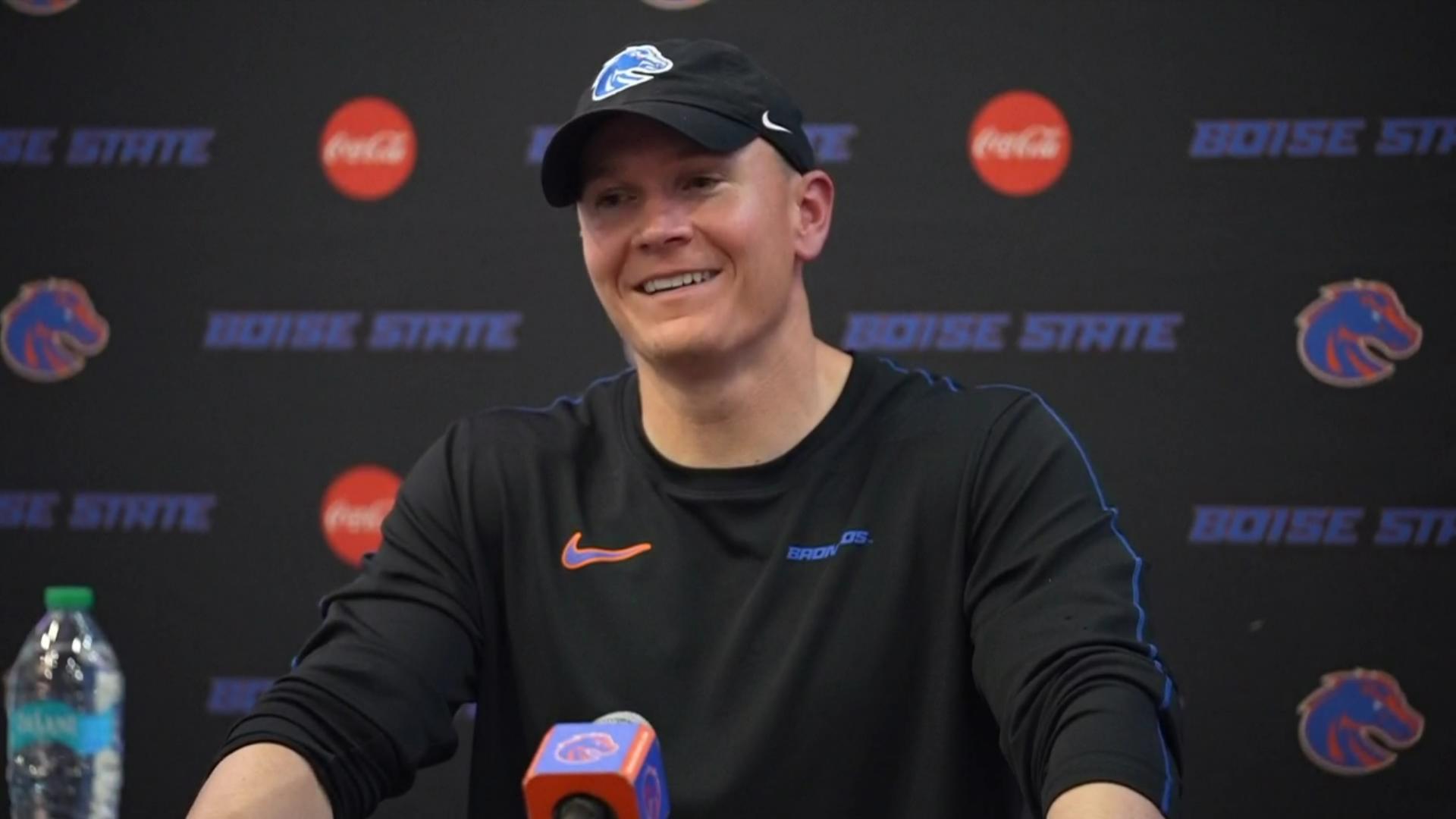 Head coach Spencer Danielson and Bronco players meet with the media following No. 15 Boise State's dominant 56-24 win over San Diego State at Albertsons Stadium.