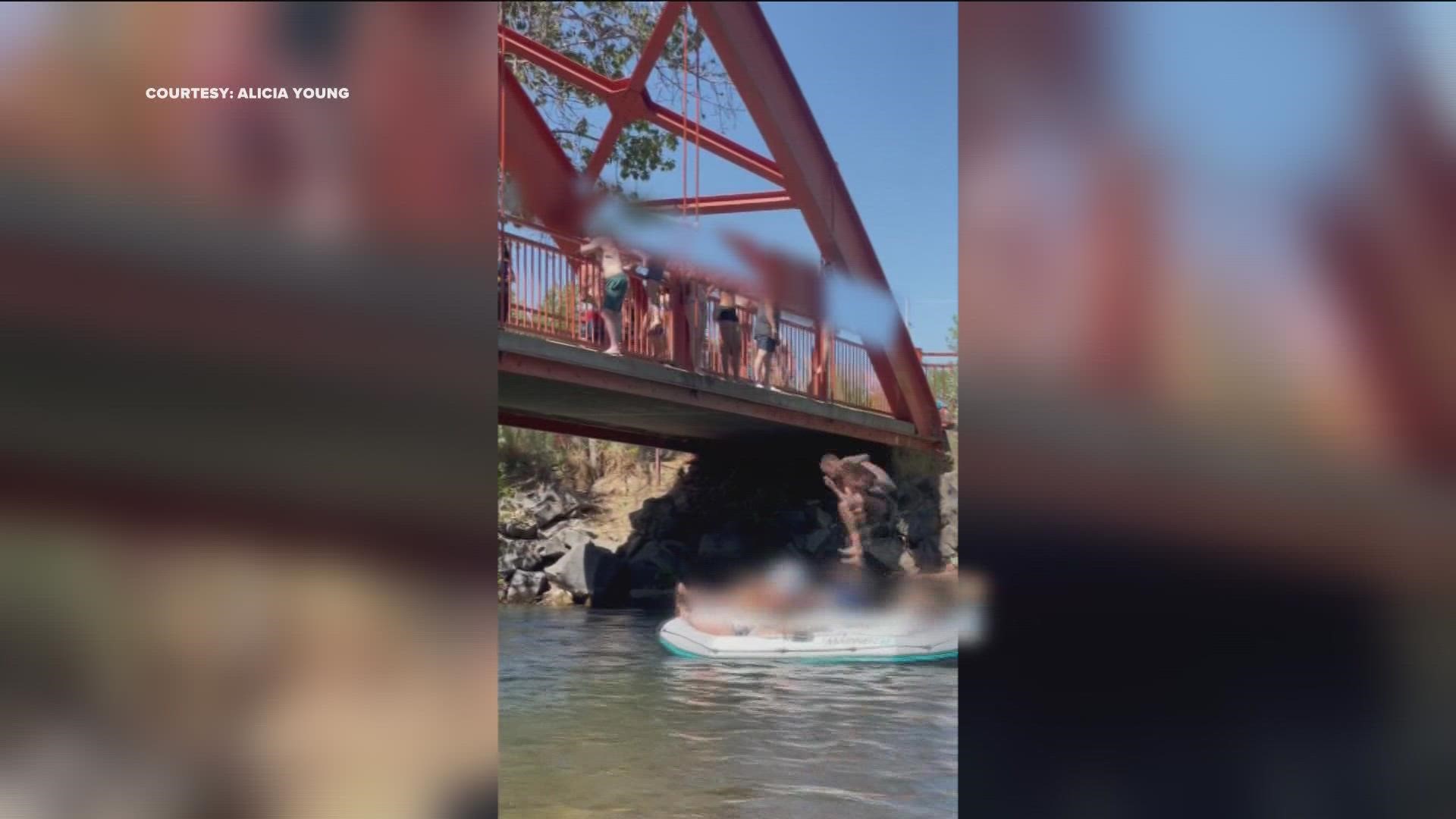 The Boise Fire Department used a rescue throw bag to help one of the victims to shore from the raft. Two people were taken to the hospital after the incident.