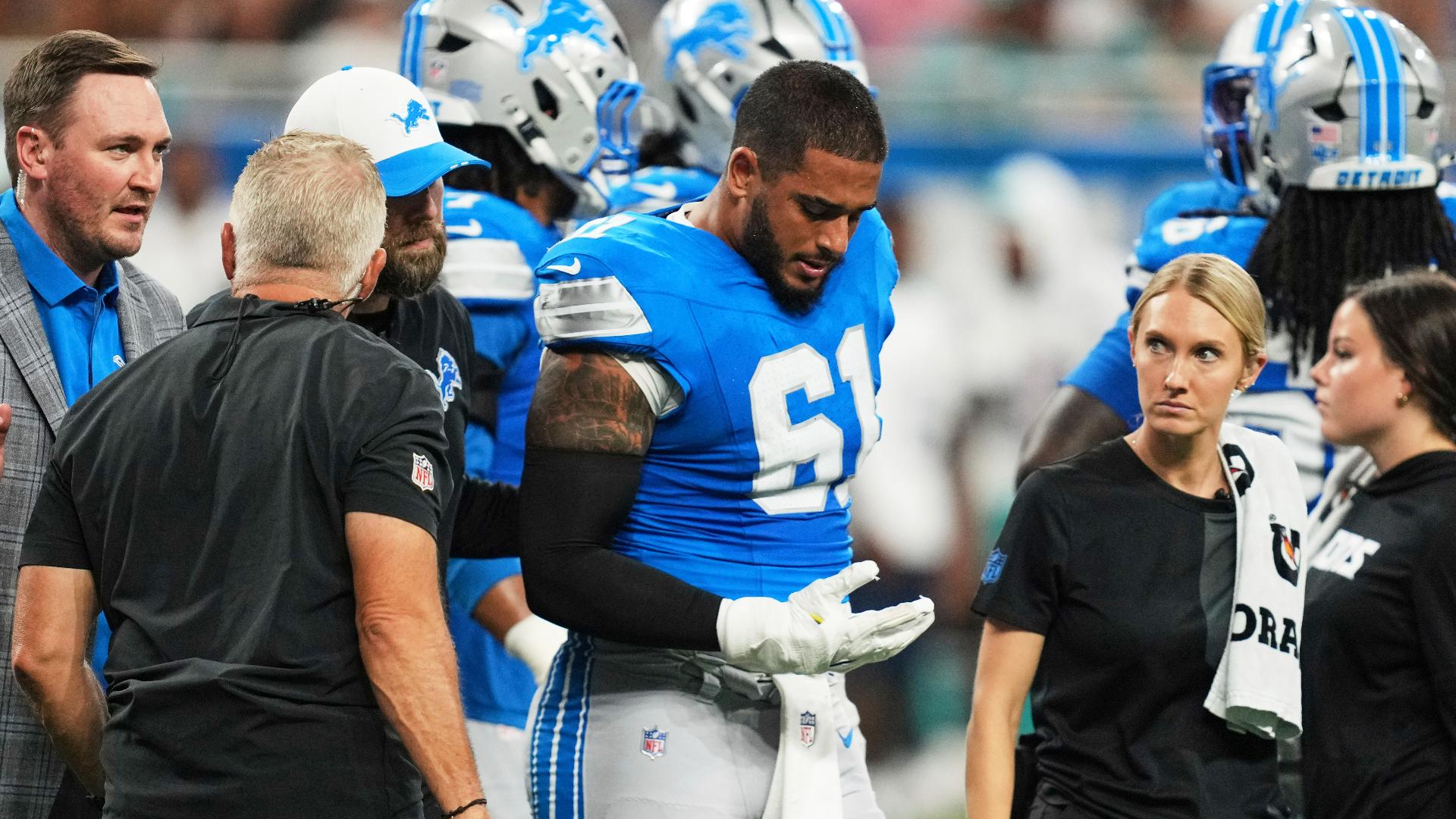 Lions' coach Dan Campbell said Hassanein will be down for “a while.” He was selected in the sixth round out of Boise State to help shore up the edge rusher position.