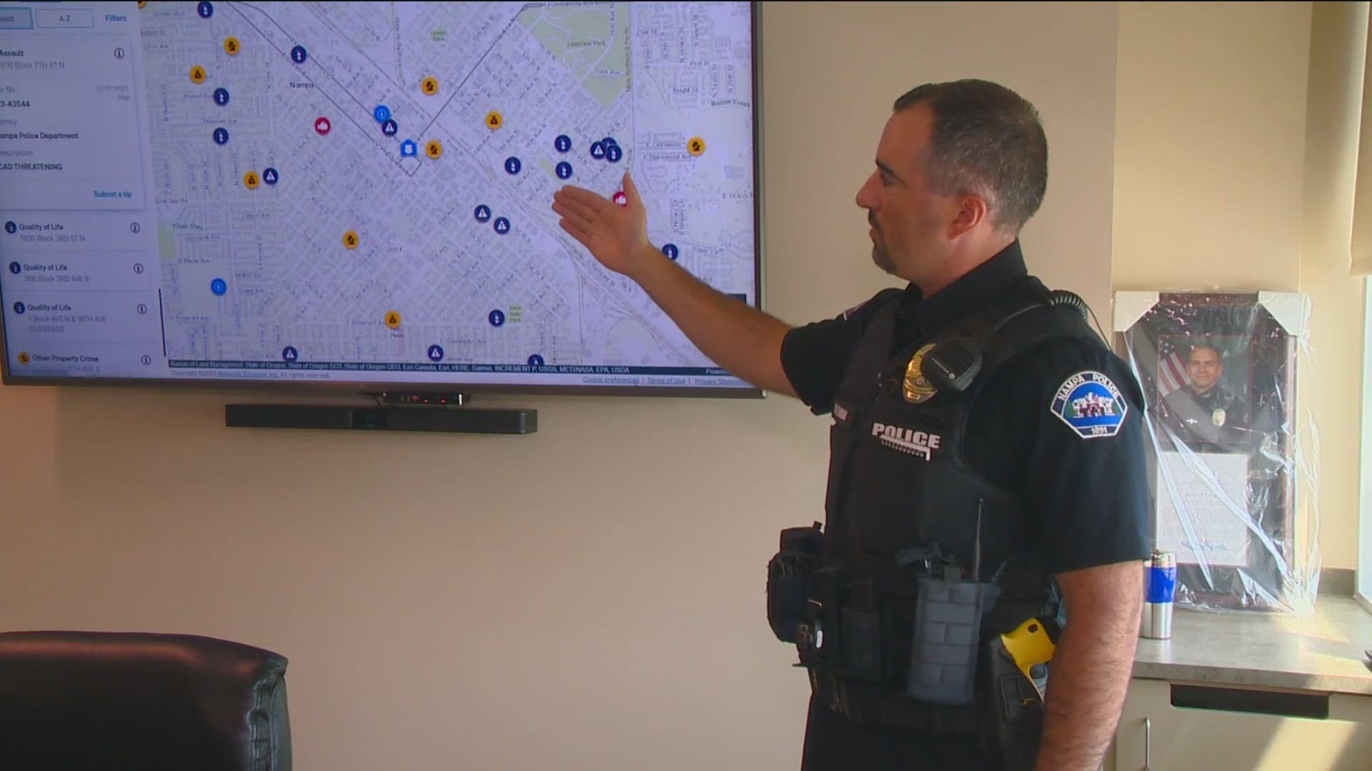The map includes crime data, such as reported incidents and area trends, and each incident includes a link to CrimeStoppers.