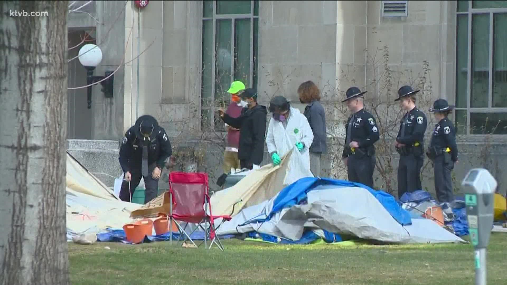 The Department of Administration is currently cleaning the area, leaving some tents on the former Ada County Courthouse lawn at Jefferson and 6th streets.