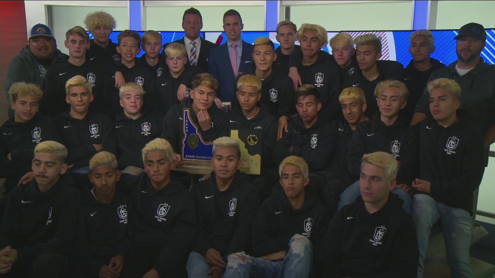 The Caldwell High School boys varsity soccer team joined Jay Tust & Will Hall on set after winning their second-consecutive 4A state title.