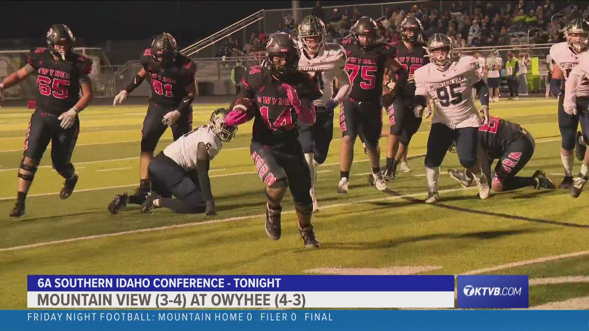 Owyhee (5-3) secured its second straight win with a 38-7 victory in Friday night’s 6A SIC River Division battle against Mountain View (3-5).