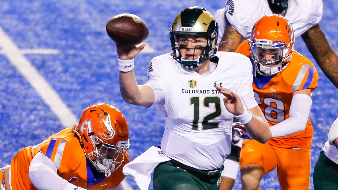 Boise State quarterback Hank Bachmeier (19) throws the ball against  Colorado State during the first half in an NCAA college football game  Thursday, Nov. 12, 2020, in Boise, Idaho. Boise State won