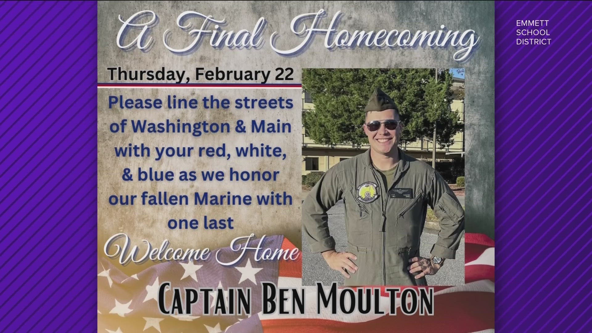 The City of Emmett is asking the community to line Washington Avenue on Thursday to celebrate the life of the fallen Marine.