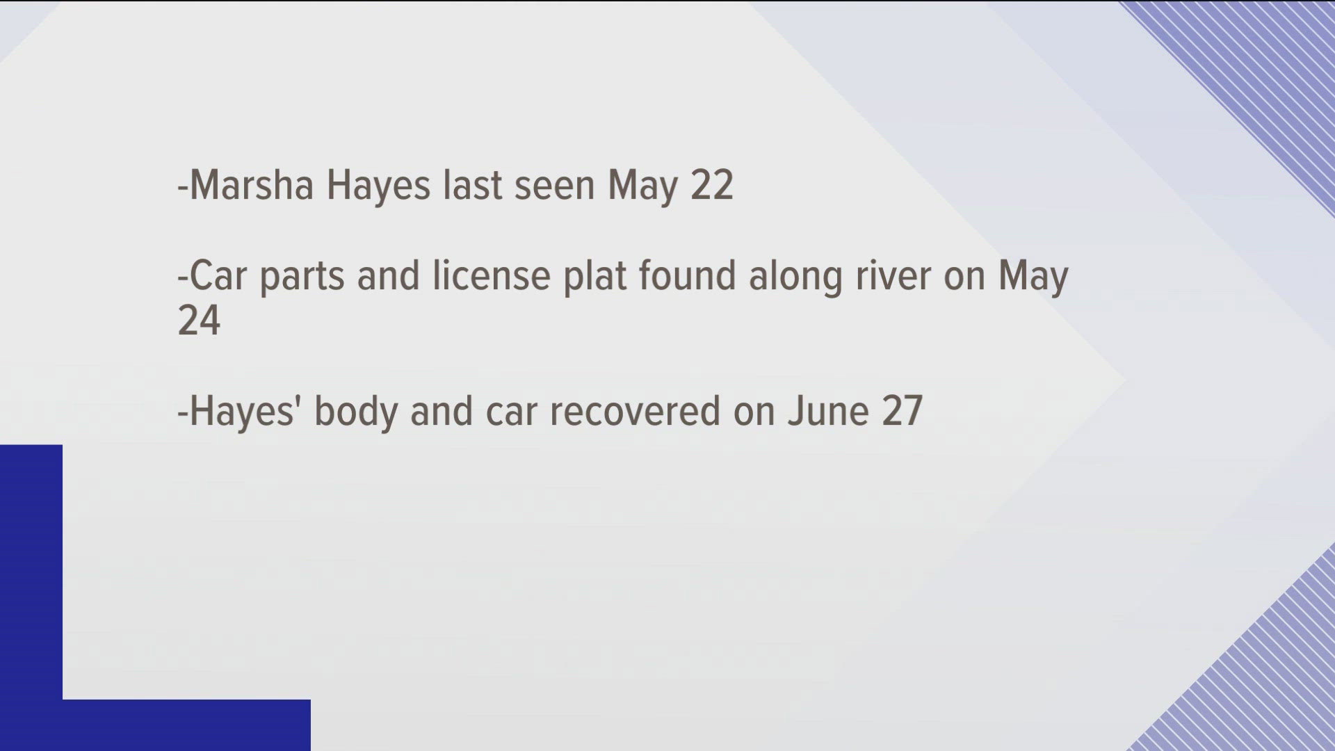 On June 27, recovery efforts led to Marsha Hayes remains and car being pulled from the river.