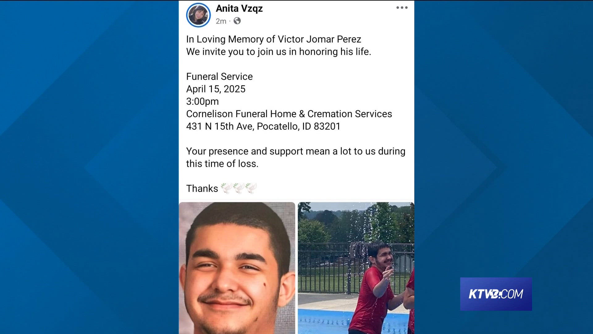 Victor Pérez, de 17 años, recibió nueve disparos por parte de la policía. Su funeral se celebrará en Pocatello.
