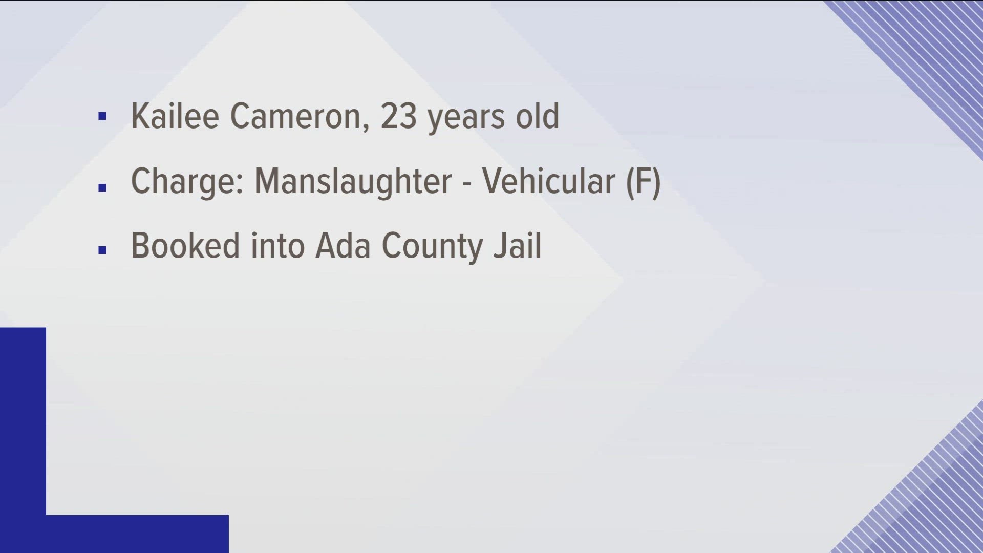 The Ada County Prosecutor's Office charged Kailee Cameron with vehicular manslaughter for her involvement in the crash.