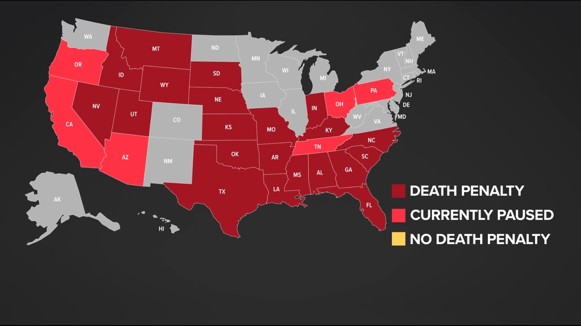 Graphic displaying what states have death penalties and which do not.