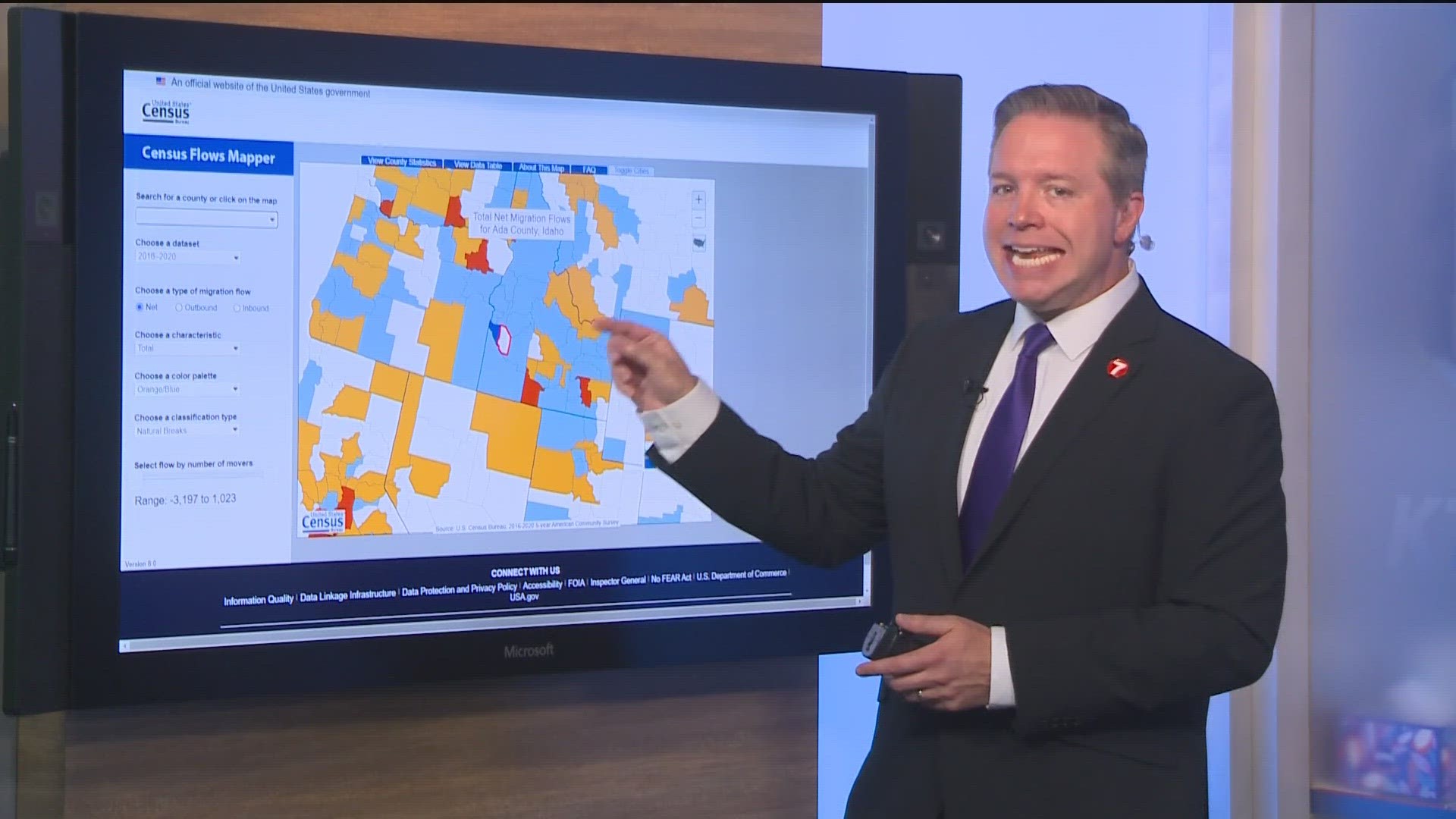 A Census Bureau "heat map" paints a picture of migration between counties around the nation, and between counties within Idaho.