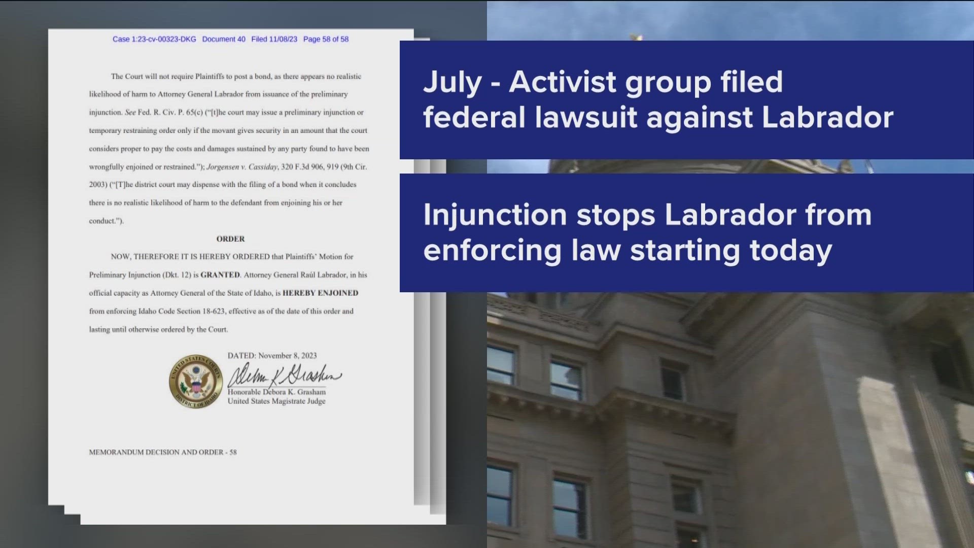 The preliminary injunction stops Attorney General Raul Labrador from enforcing the law starting Nov. 8.