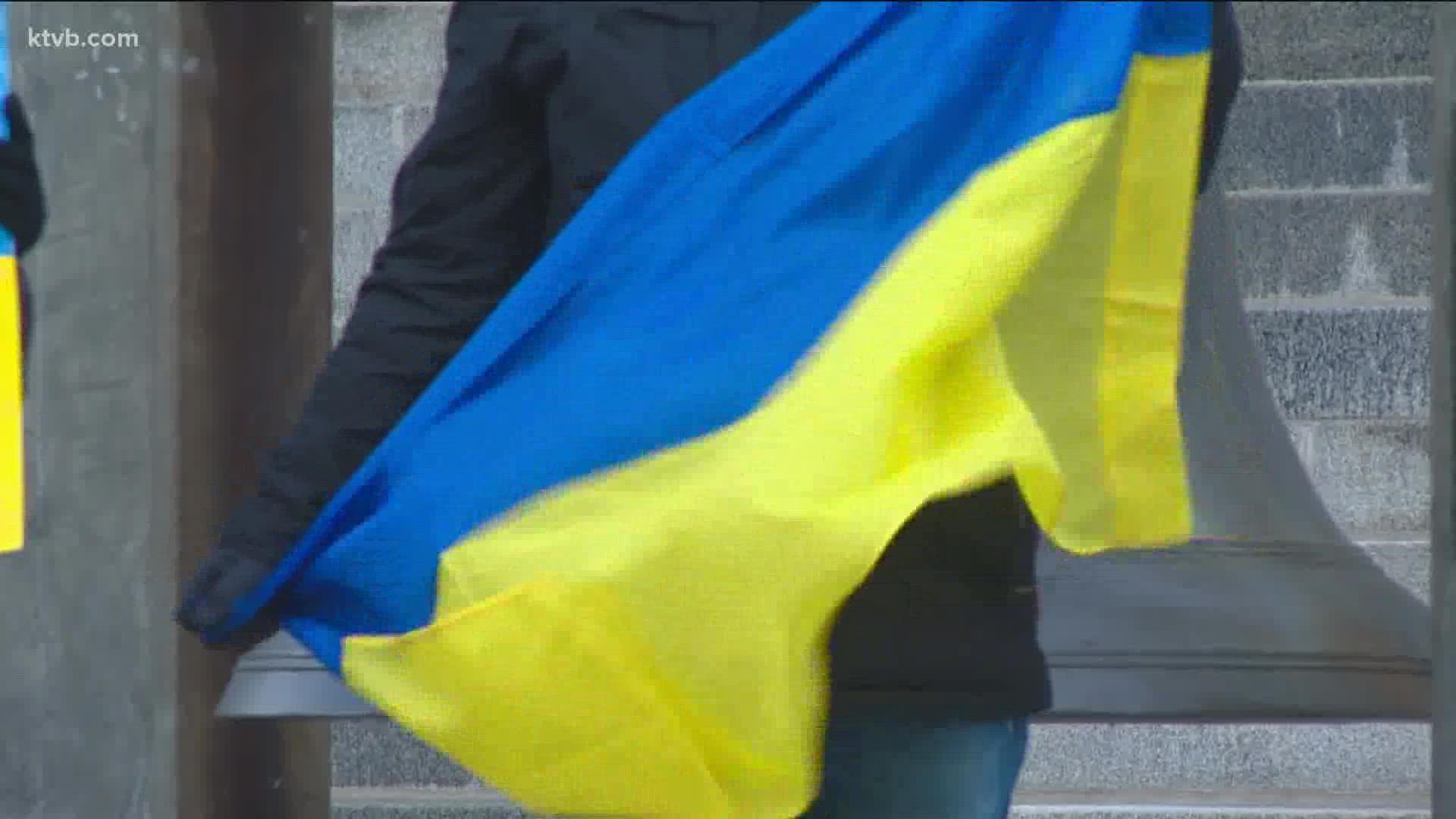 Several people came to the Idaho Capitol steps Thursday afternoon with signs, Ukrainian flags and messages of support for Ukraine.