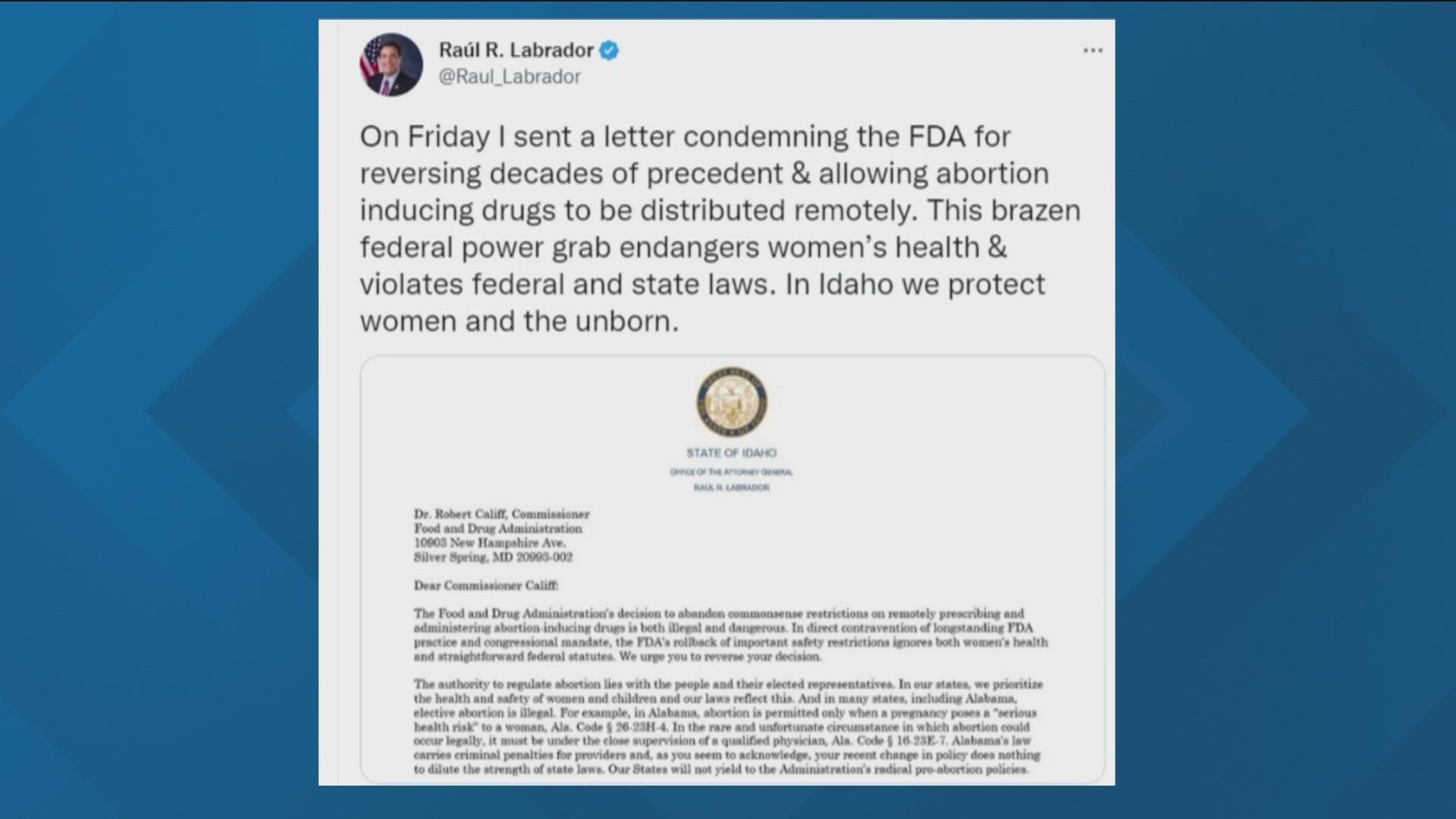 He and 21 other attorneys general are asking for a reversal on the FDA's decision to allow remote prescribing of the medications.