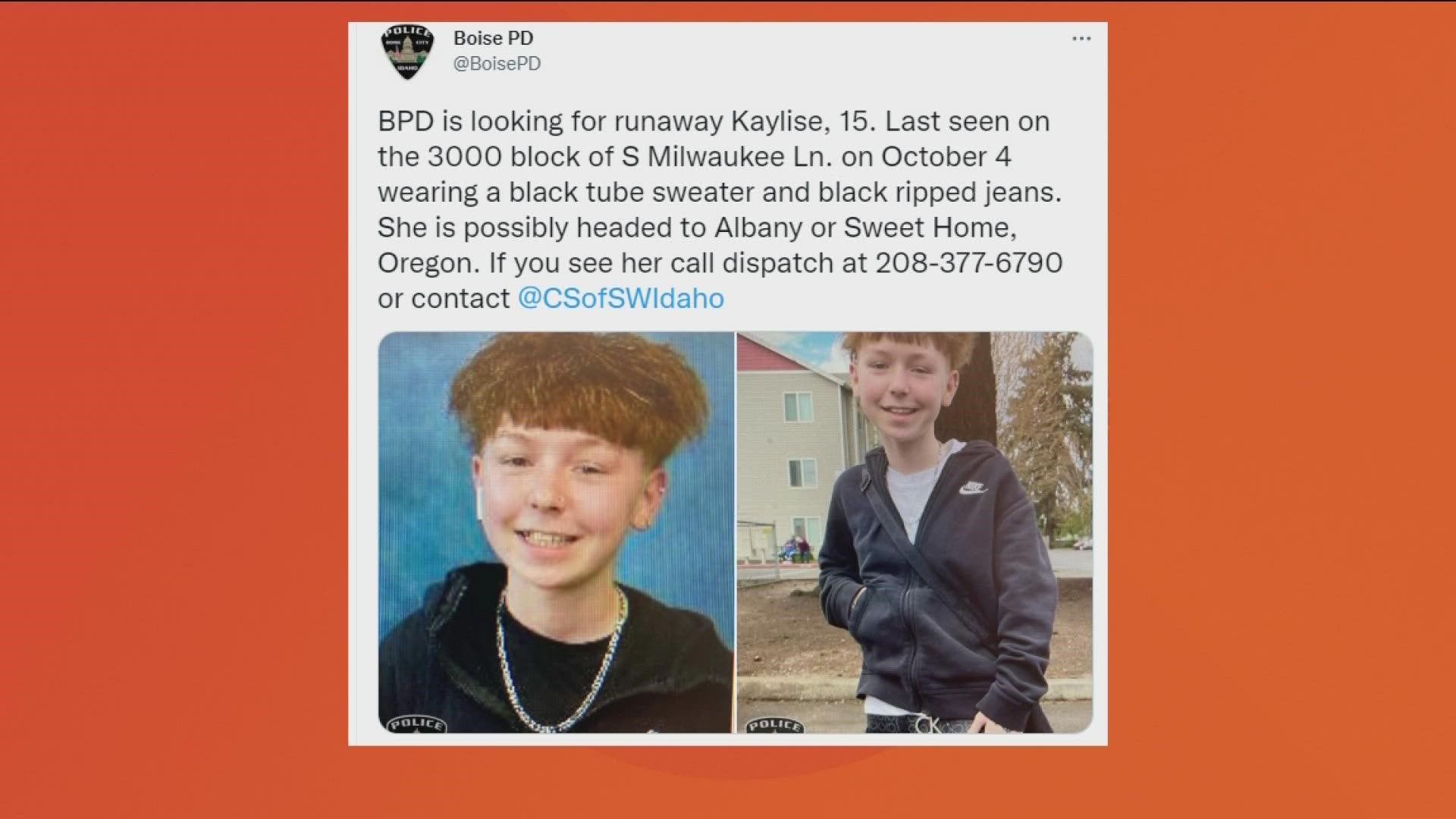 Kaylise was last seen on Oct. 4, wearing a black tube sweater and black ripped jeans.