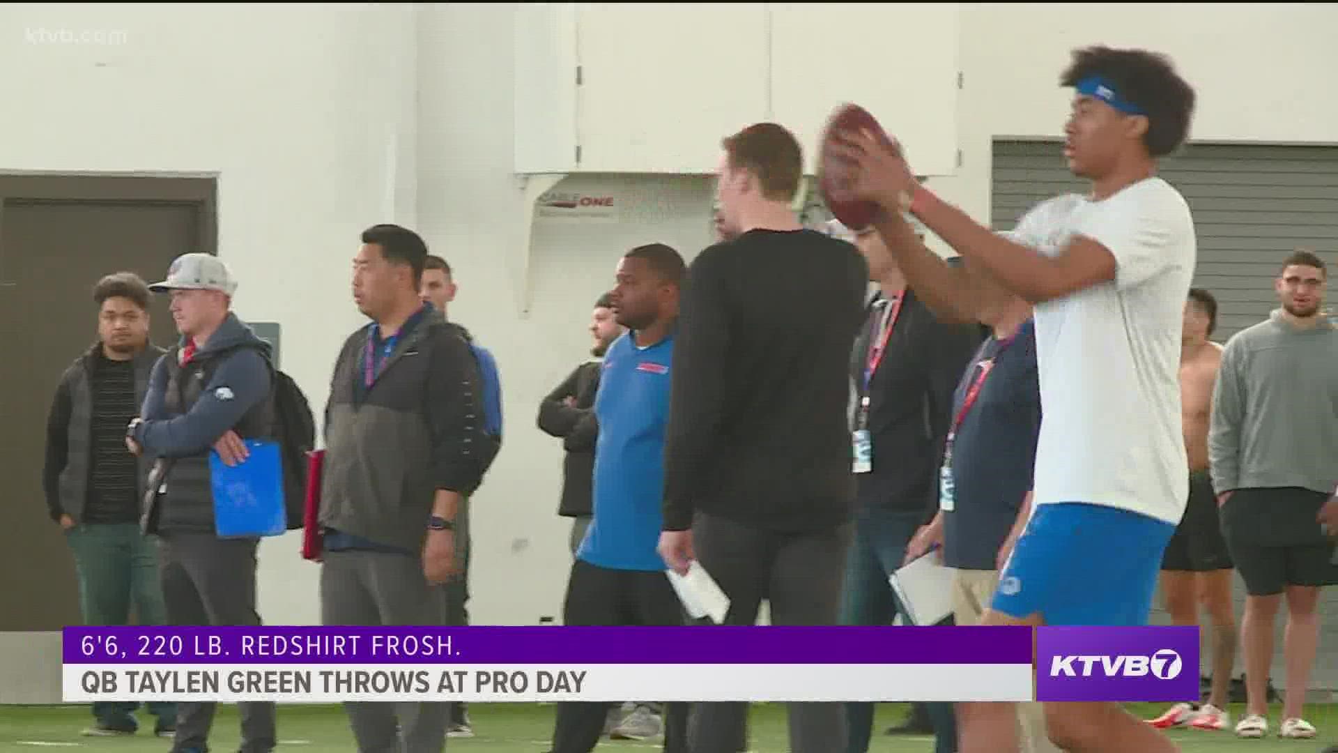 Boise State had to receive a waiver to allow the underclassman to throw at Pro Day. Green impressed outgoing Bronco wide receiver Khalil Shakir.