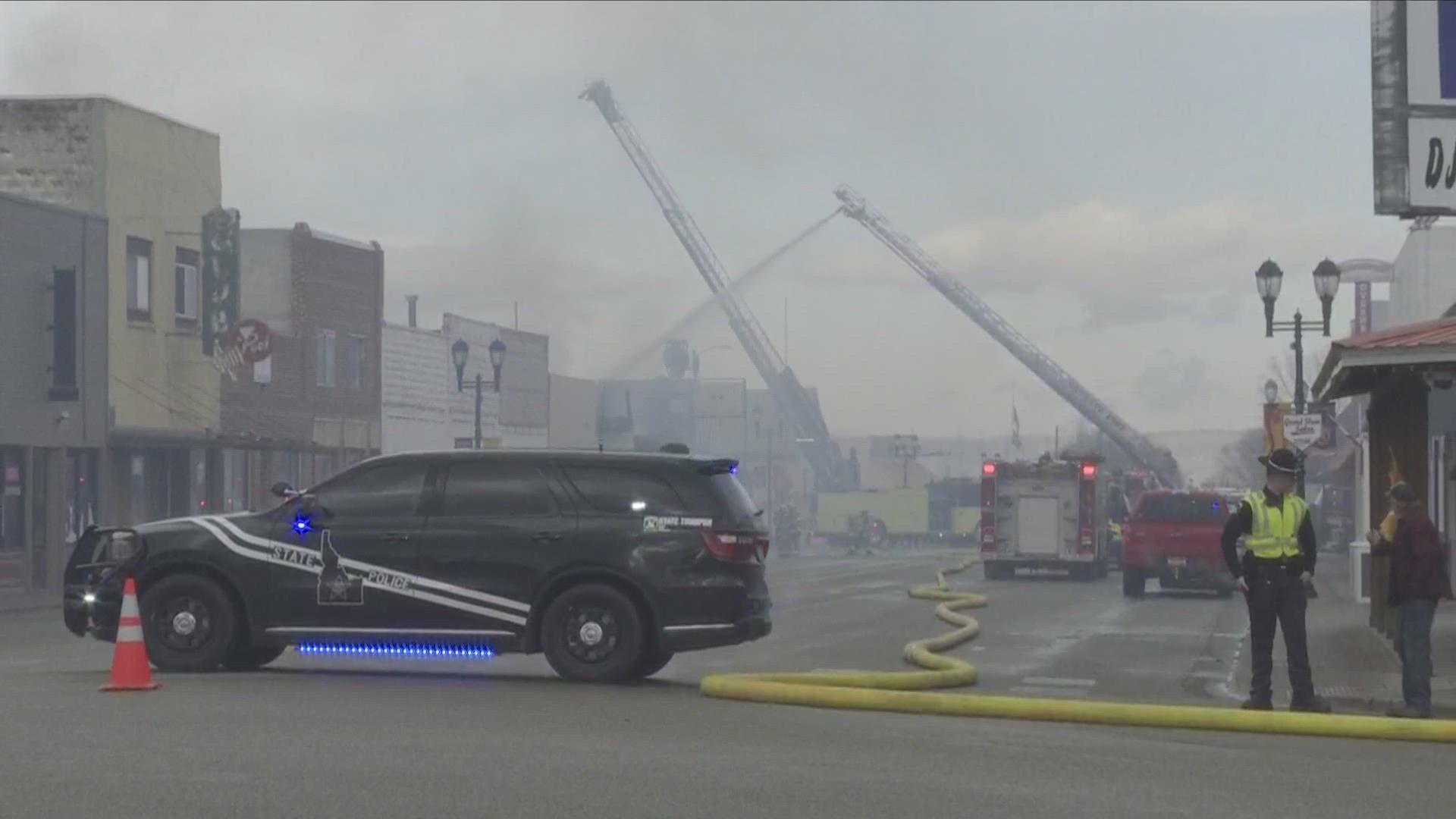 The Payette County Sheriff's Office said U.S. Highway 30 is closed Monday as crews battle a fire in New Plymouth.