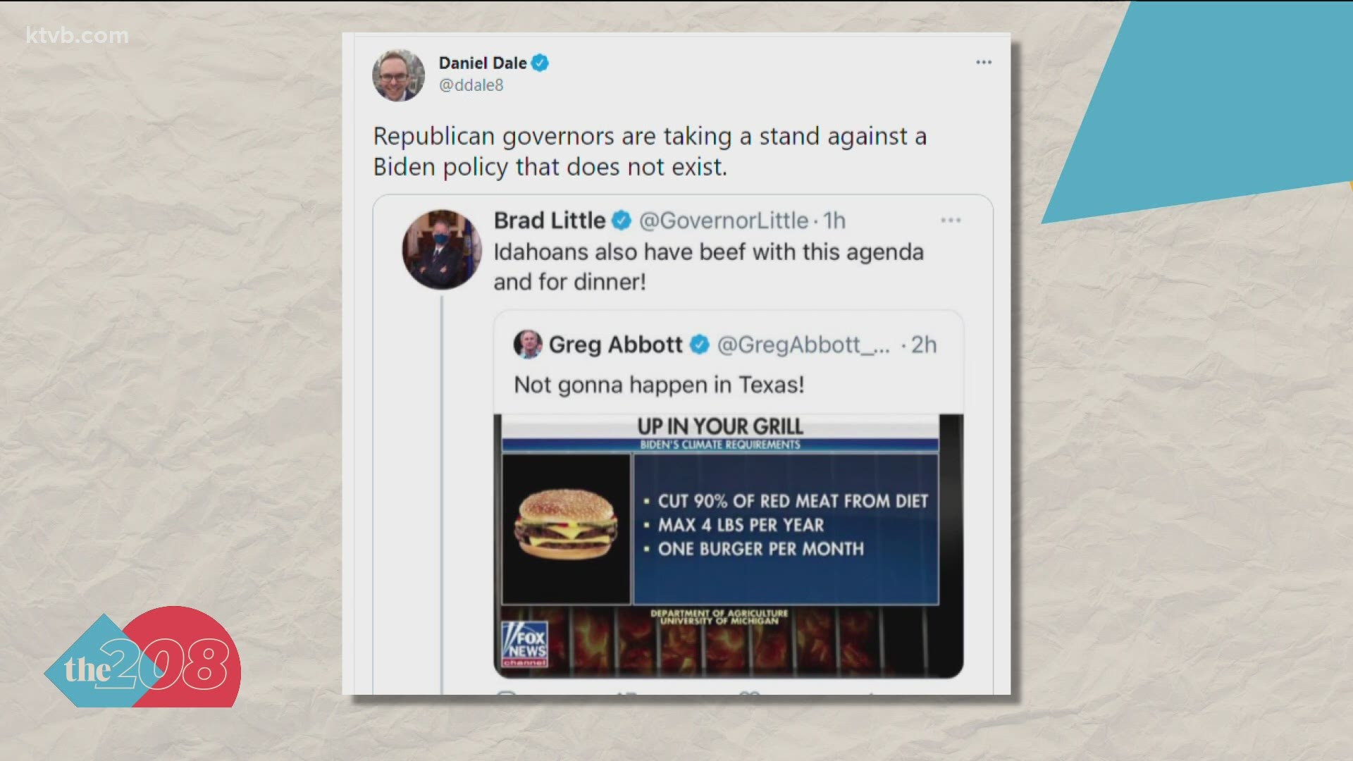 Gov. Little tweeted "Idahoans also have beef with this agenda" in response to a Fox News graphic about Biden's climate plan. Problem is, it's not a real policy.