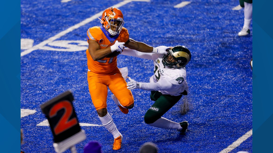 BOISE, ID - NOVEMBER 12: Boise State Broncos safety Tyreque Jones (21)  smiles during a college football game between the Wyoming Cowboys and the  Boise State Broncos on November 12, 2021, at