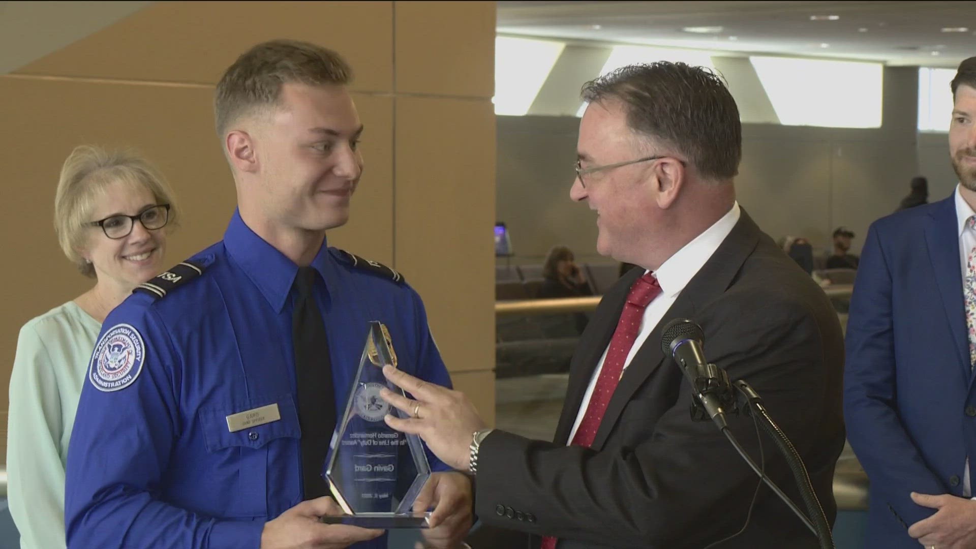 Boise Airport lead TSA officer Gavin Gard received the national 'In the Line of Duty' award for rescuing three people in distress while floating the Boise River.