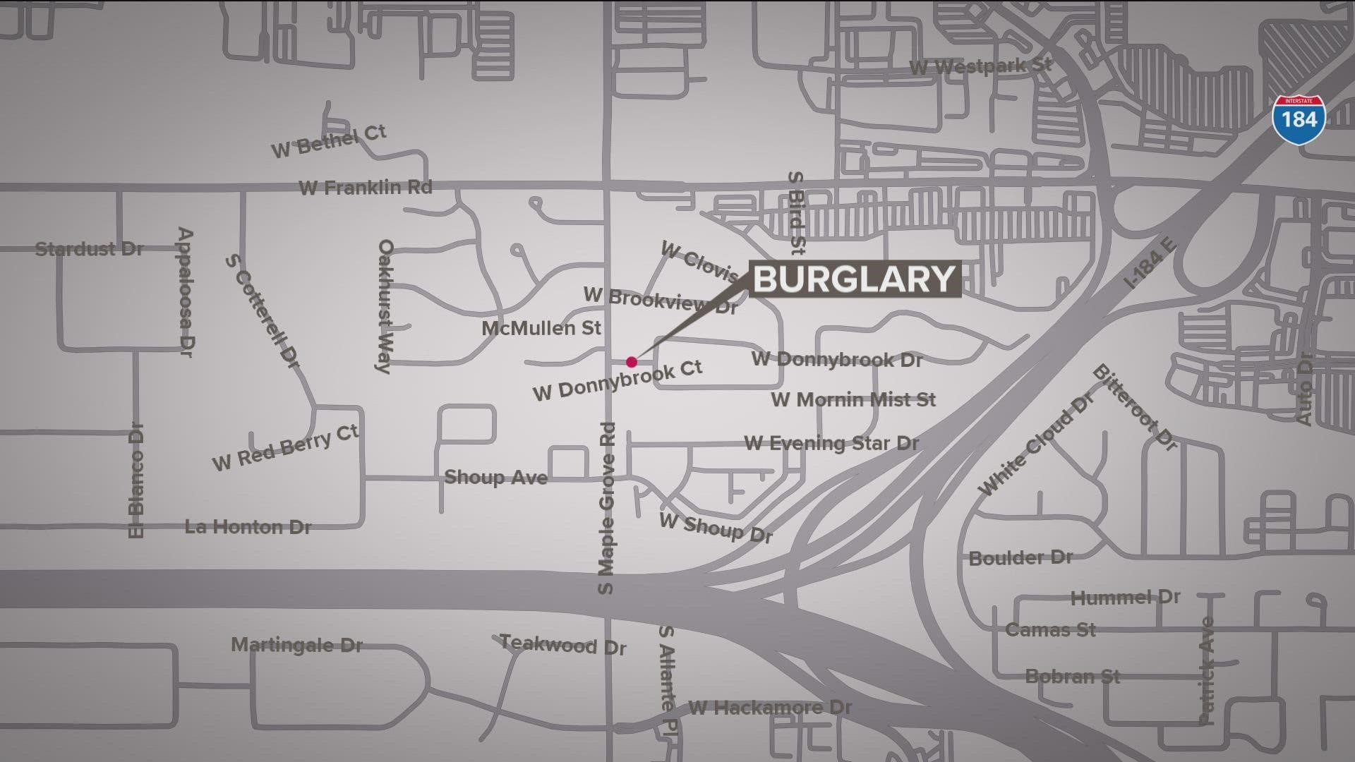 The burglary was reported Sunday at a home on West Donnybrook Drive.