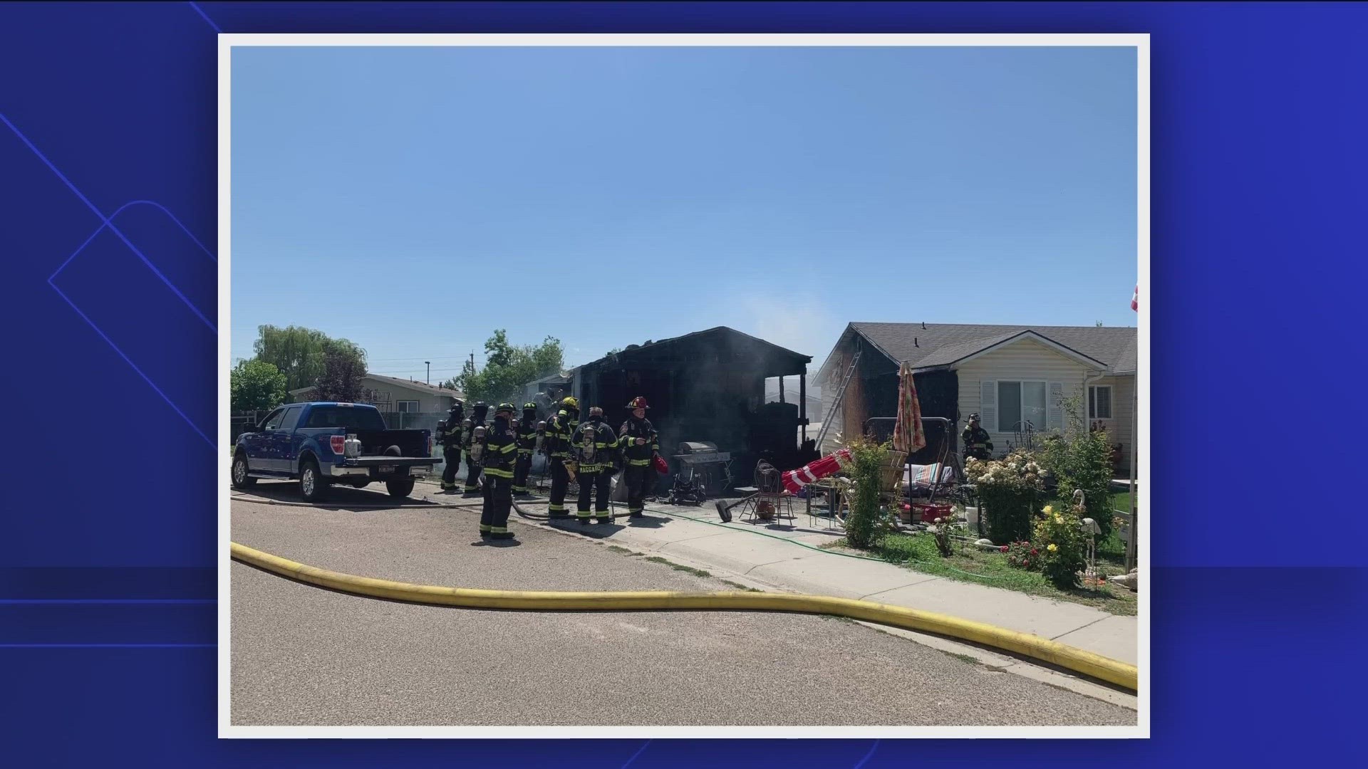The Caldwell Fire Department said two men were injured and three dogs were killed in a fire Friday that damaged two homes and a vehicle.
