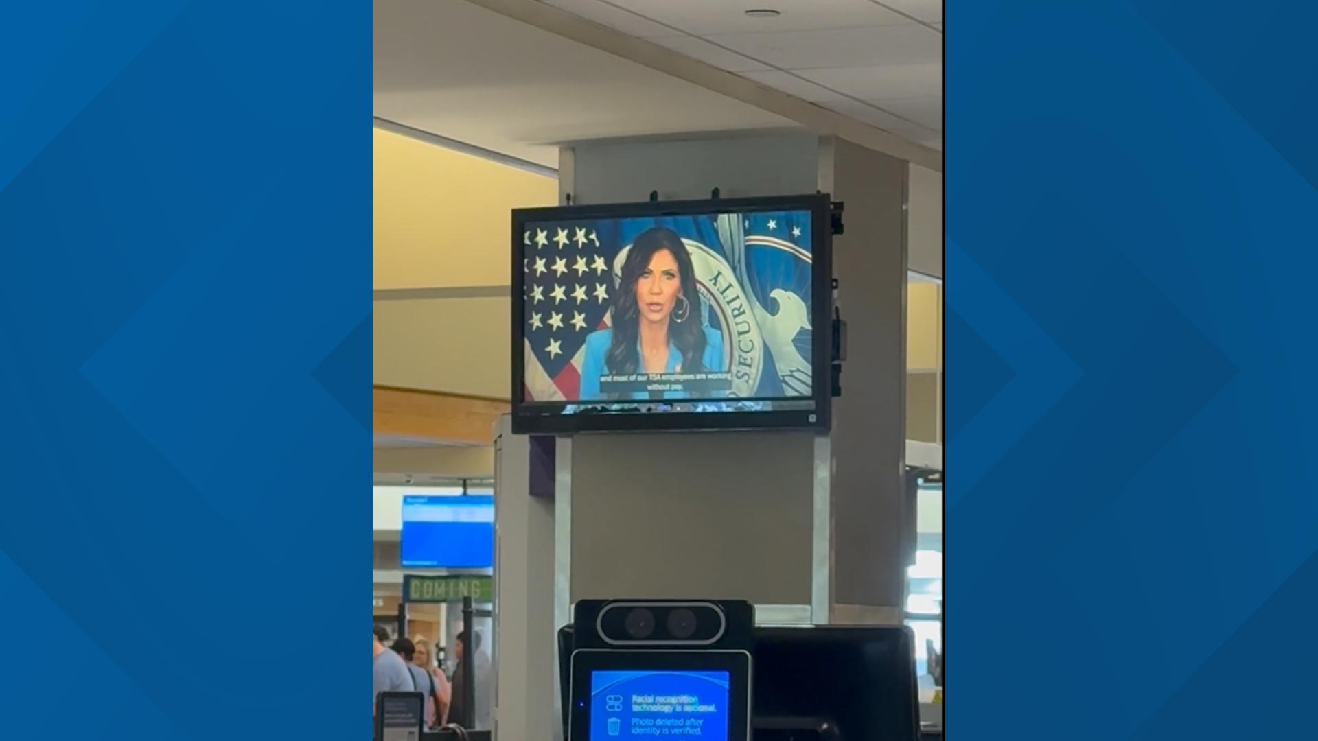 A video of Homeland Security Secretary Kristi Noem blaming Democrats for the government shutdown was seen playing at the Boise Airport on Friday, Oct. 10.