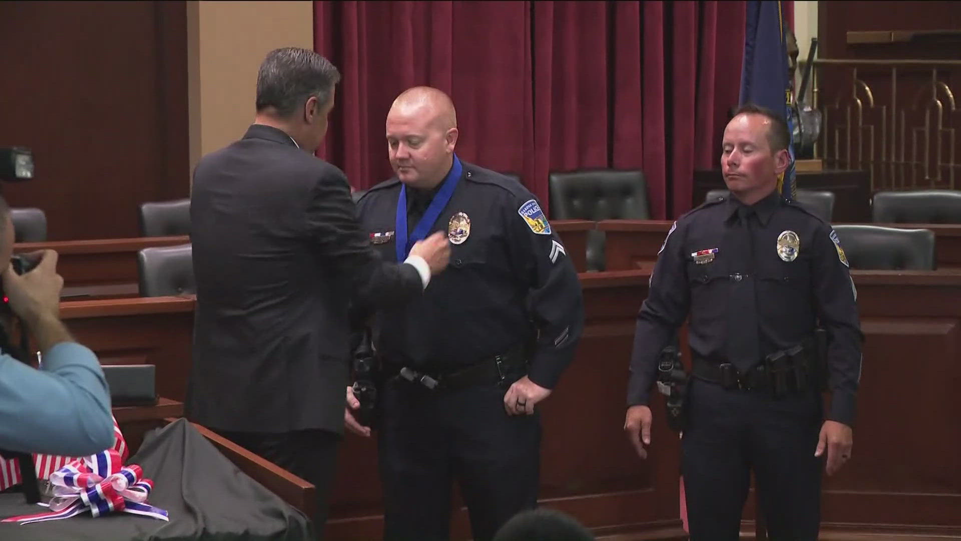 Idaho State Police and Caldwell Police led an honor guard ceremony at the Capitol.