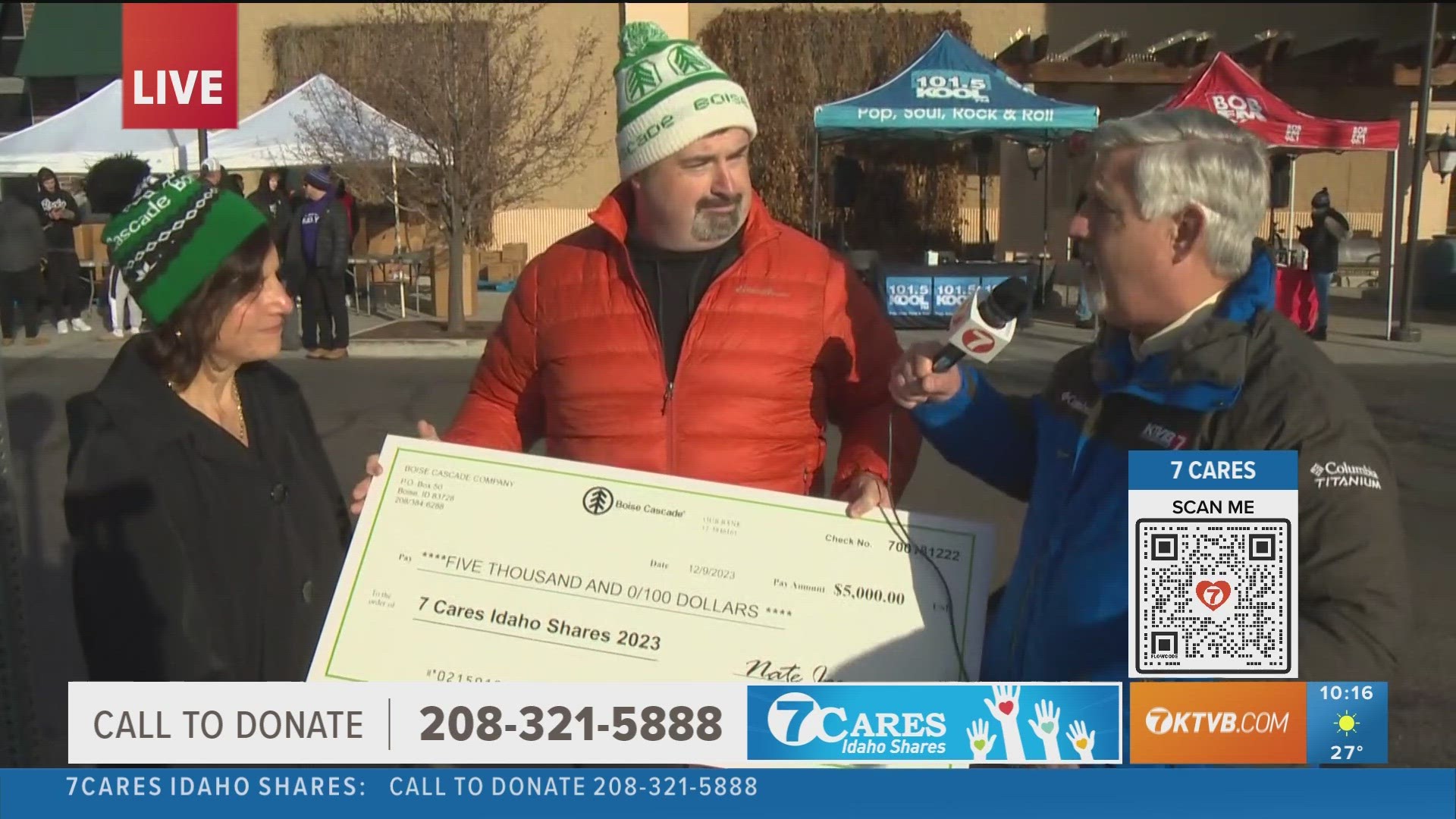 Boise Cascade joins KTVB's Jim Duthie to present a $10,000 donation to support charities through 7Cares Idaho Shares.