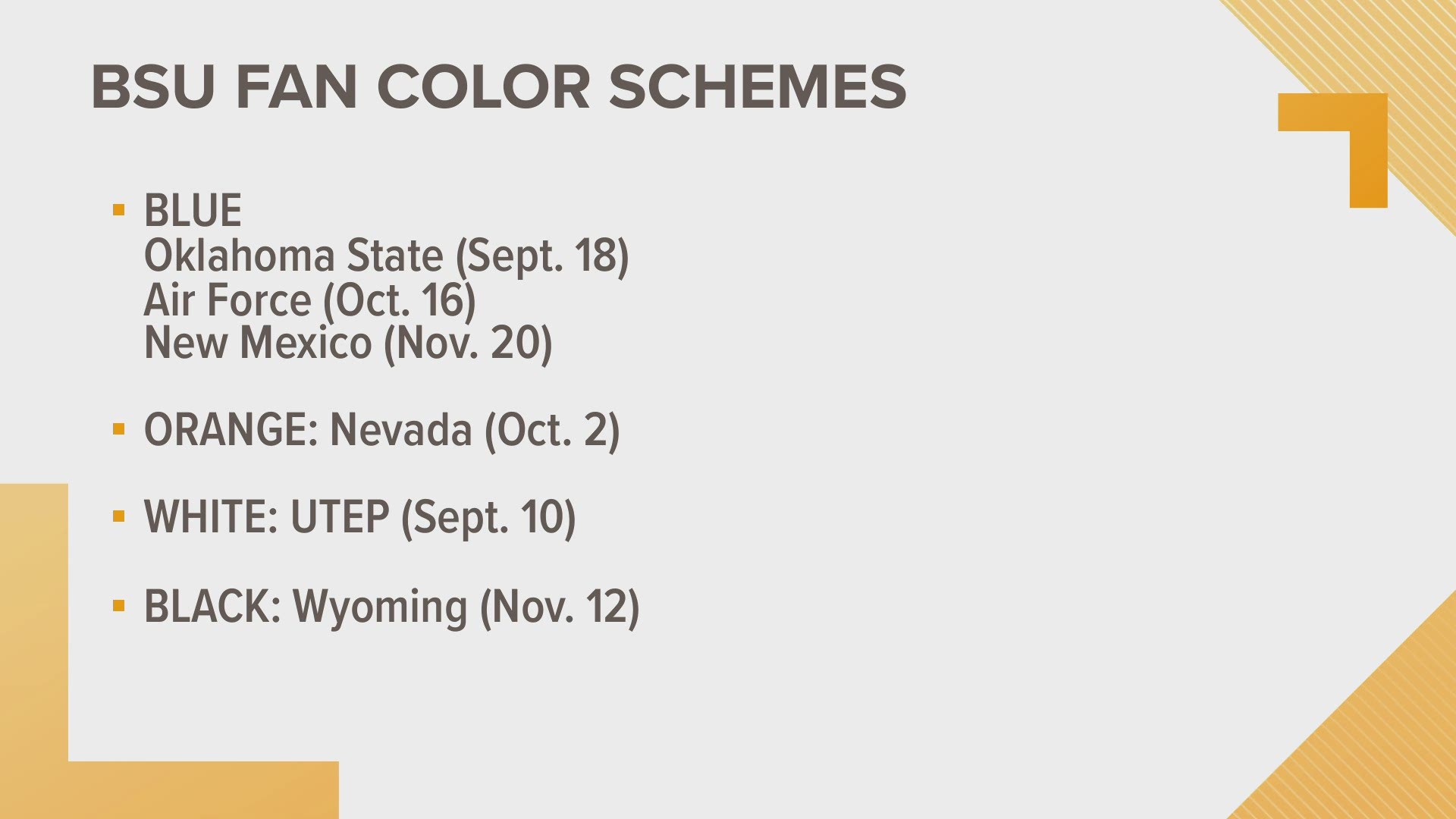 There will be six homes at Albertsons Stadium. Fans are be asked to wear a certain color to each game.