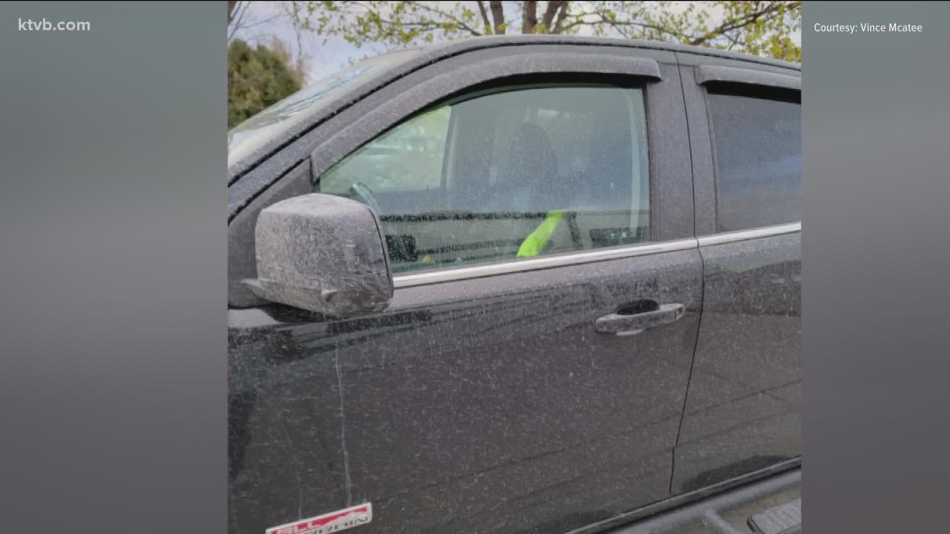 Mineral dust from a dried lake bed in southcentral Oregon traveled into the Treasure Valley due to Monday's strong winds, leaving cars in need of a wash Tuesday.