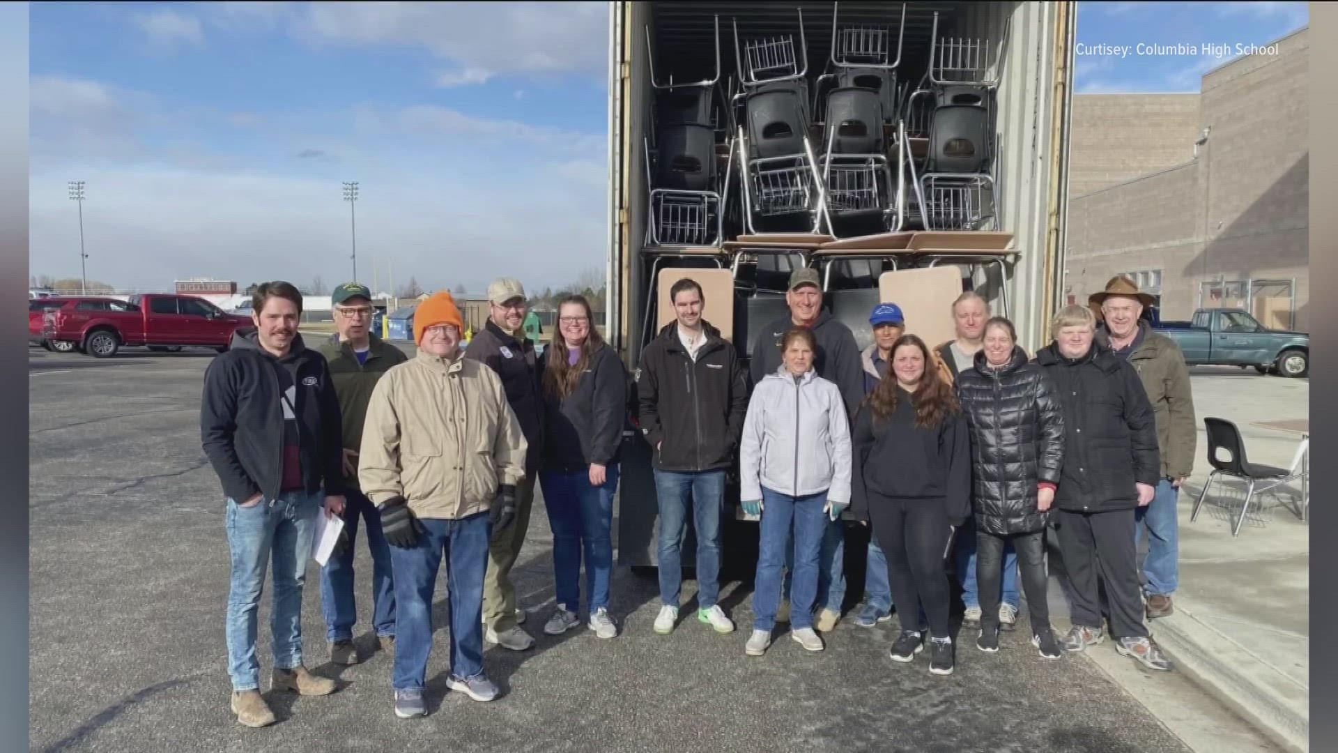 Students and volunteers at Columbia High School loaded 320 desks on Saturday. In total, the Nampa School District is sending more than 1,000 desks to Ghana.