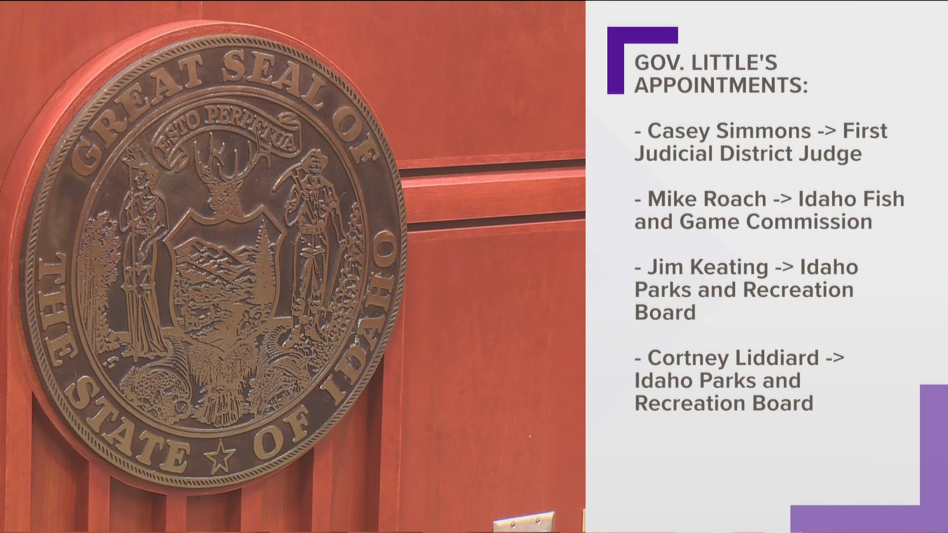 The governor made new appointments to PERSI, the First Judicial District bench, the Parks and Recreation Board and the Fish and Game Commission.