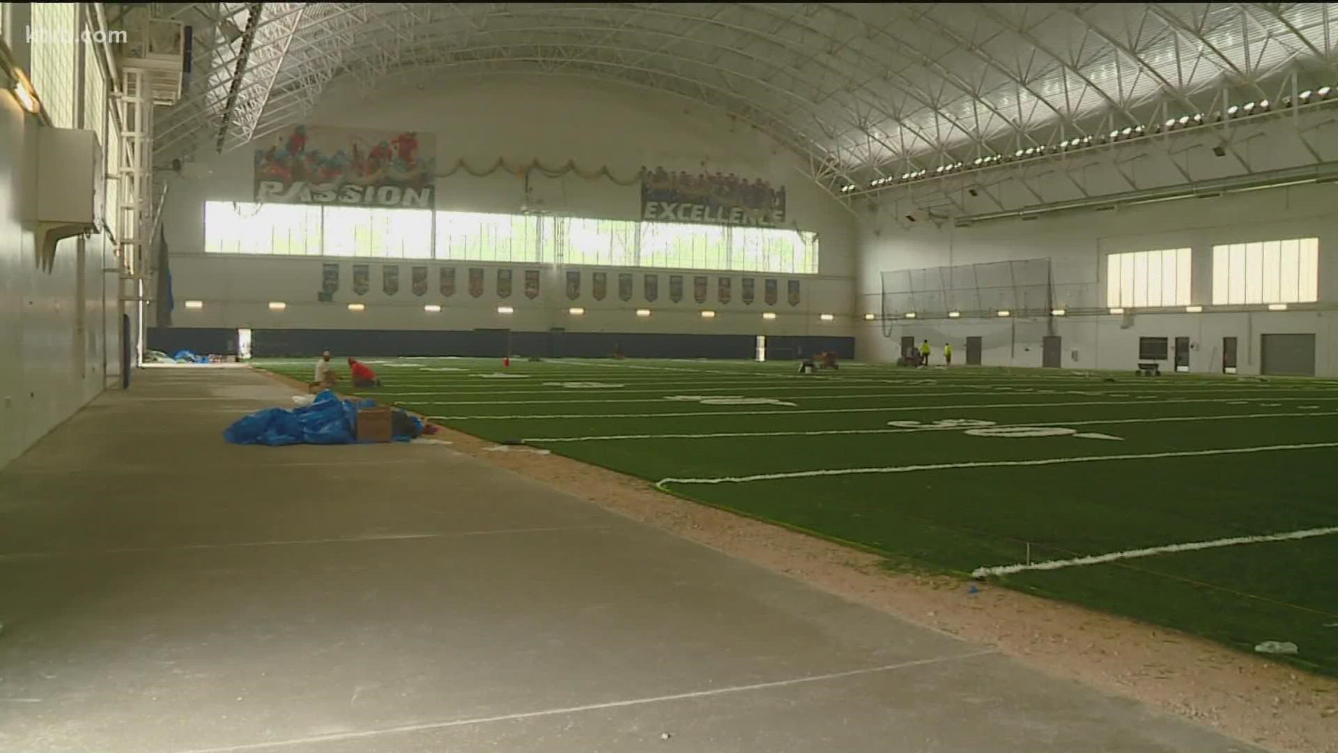 The Caven-Williams Indoor Facility at Boise State is getting a facelift this weekend as crews install brand-new turf.