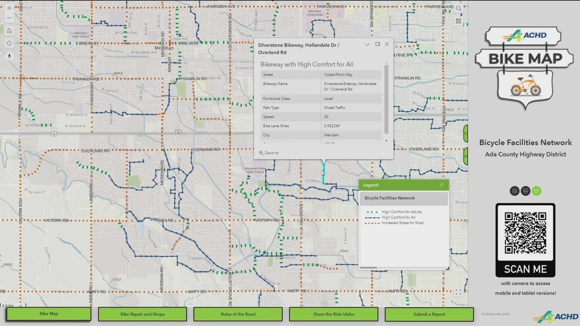 The online map shows all of the bicycle paths/networks in Ada County and includes public features and amenities.