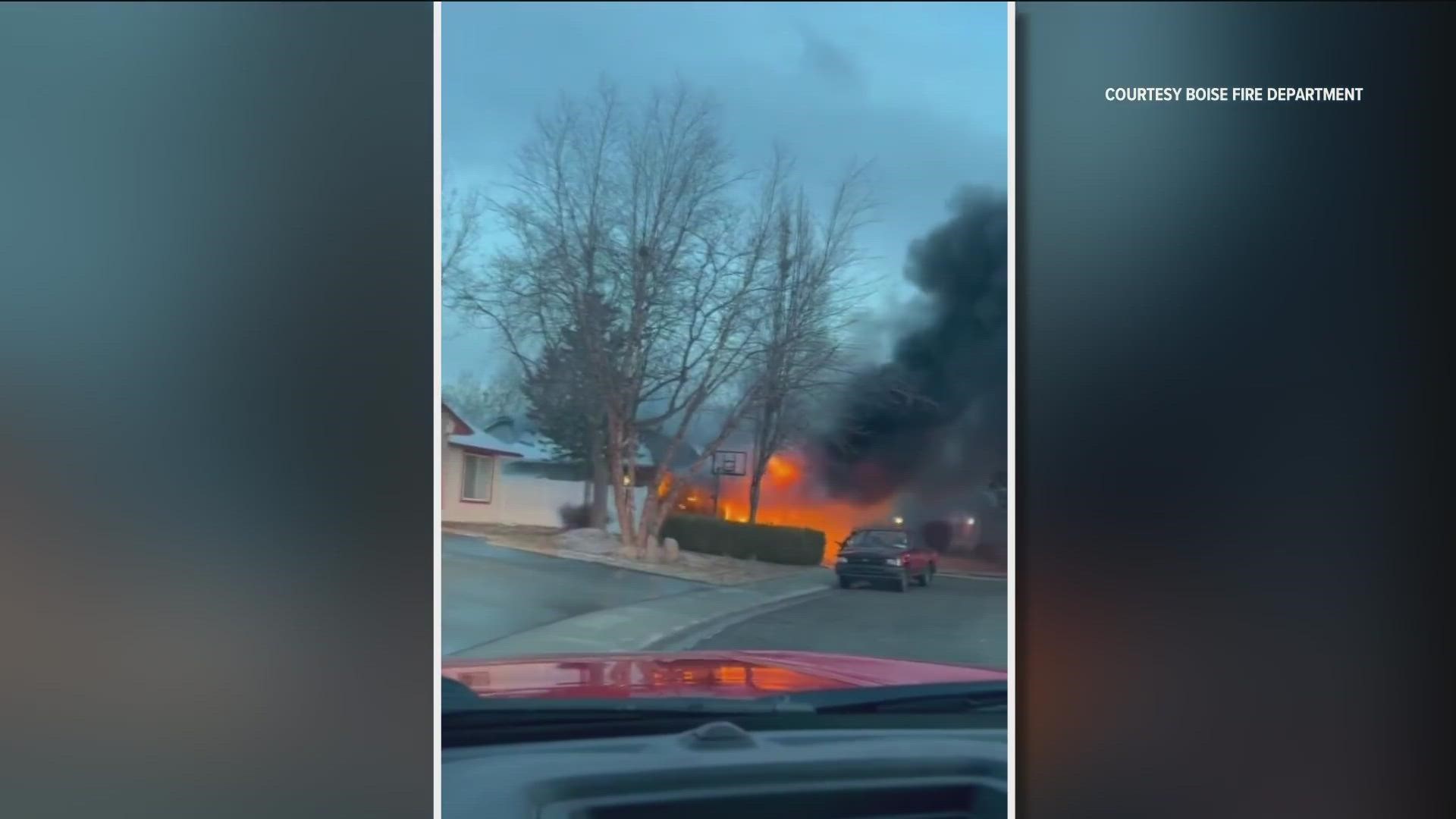 The fire started in a garage along West Pattie Street. Boise firefighters knocked down the flames about five minutes after arriving, the fire department says