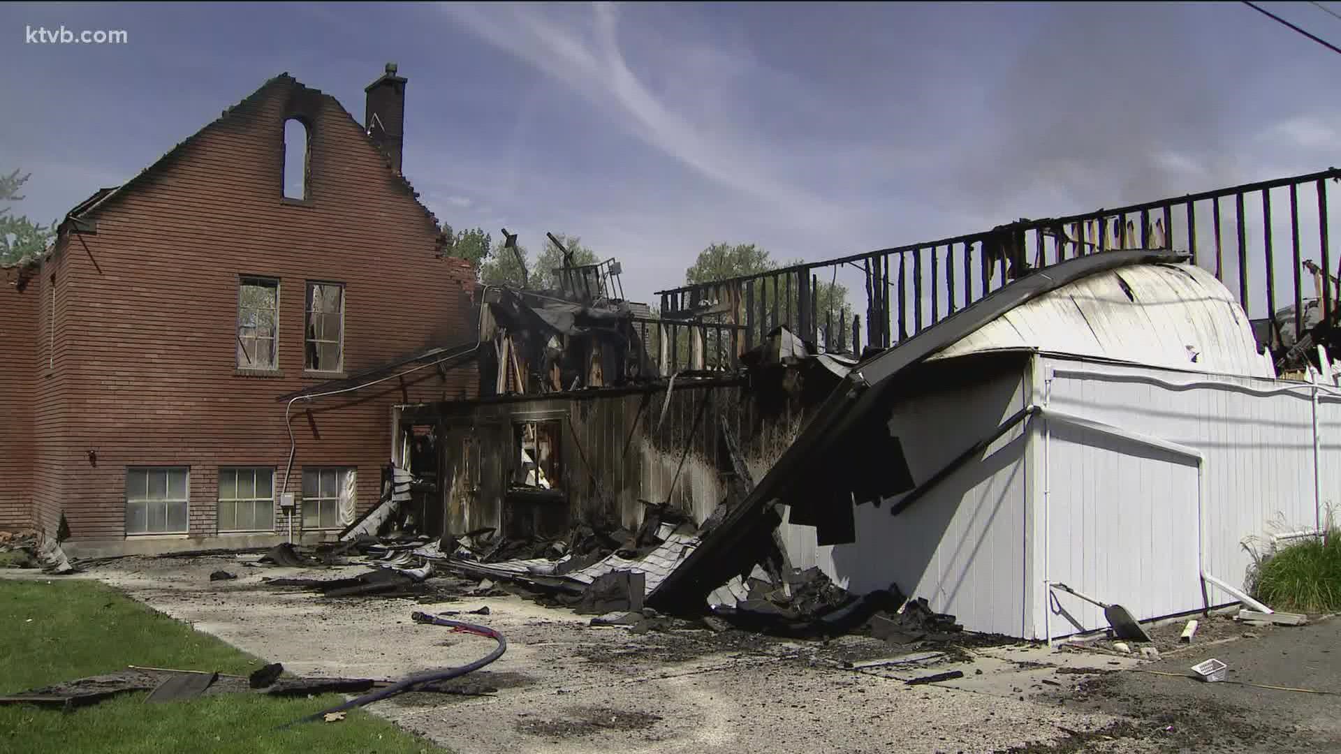 The fire burned New Plymouth First Baptist Church on May 15. Investigators found mechanical failure of a chest freezer caused the fire.