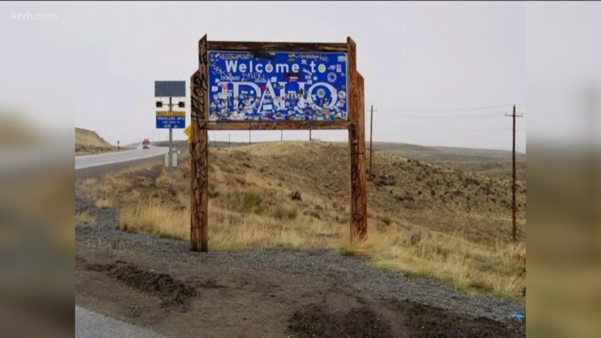 The sign near the Idaho-Nevada border on Highway 93 is covered with stickers put there by visitors.