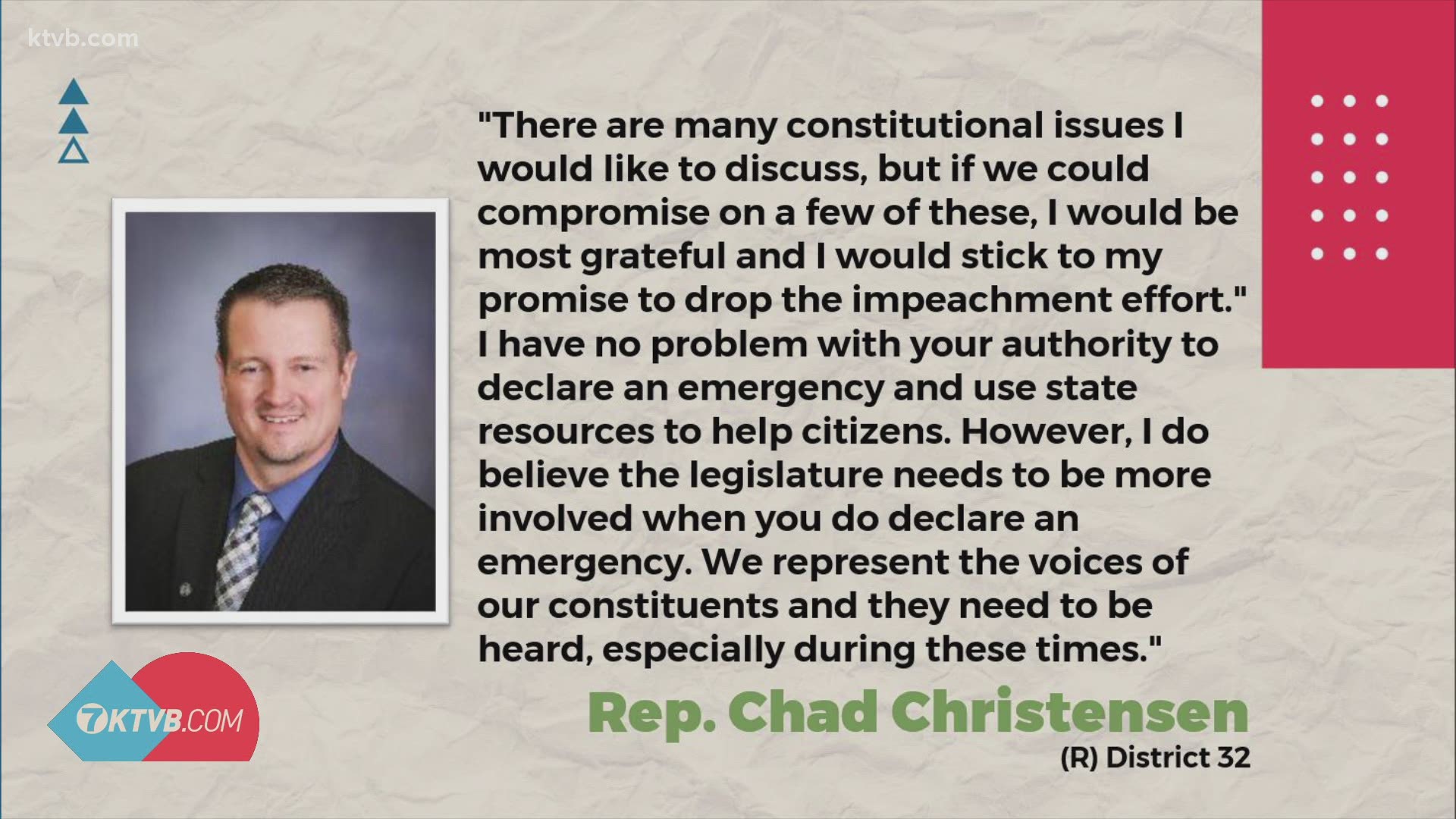 Rep. Chad Christensen said he knew the impeachment plan did not stand a chance and that he just wanted to point out the unconstitutionality of the stay-home order