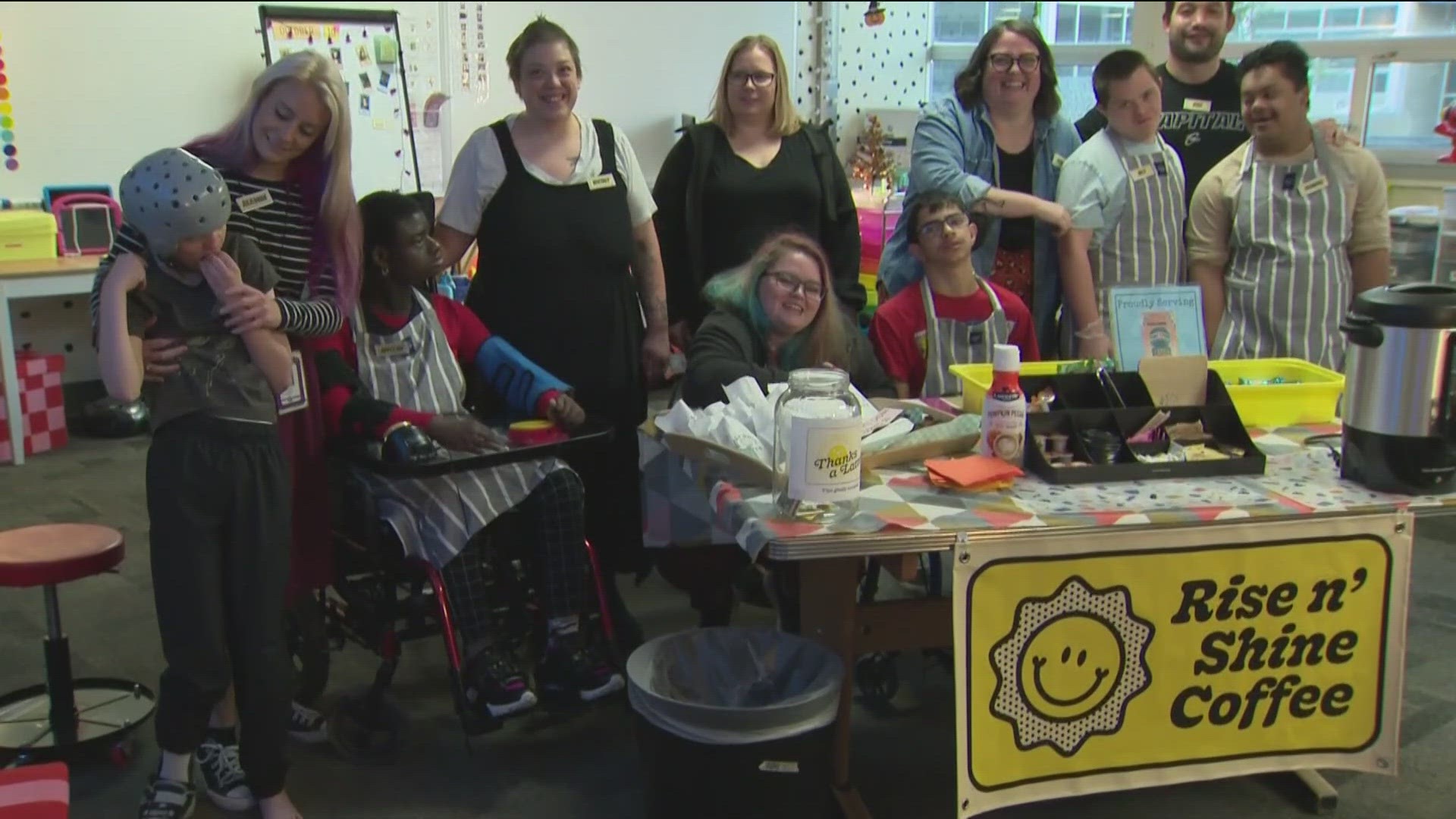 Teacher Nikki Duncan's special education classroom opens up to sell coffee and treats each Wednesday morning. Teachers and staff line up out the door.